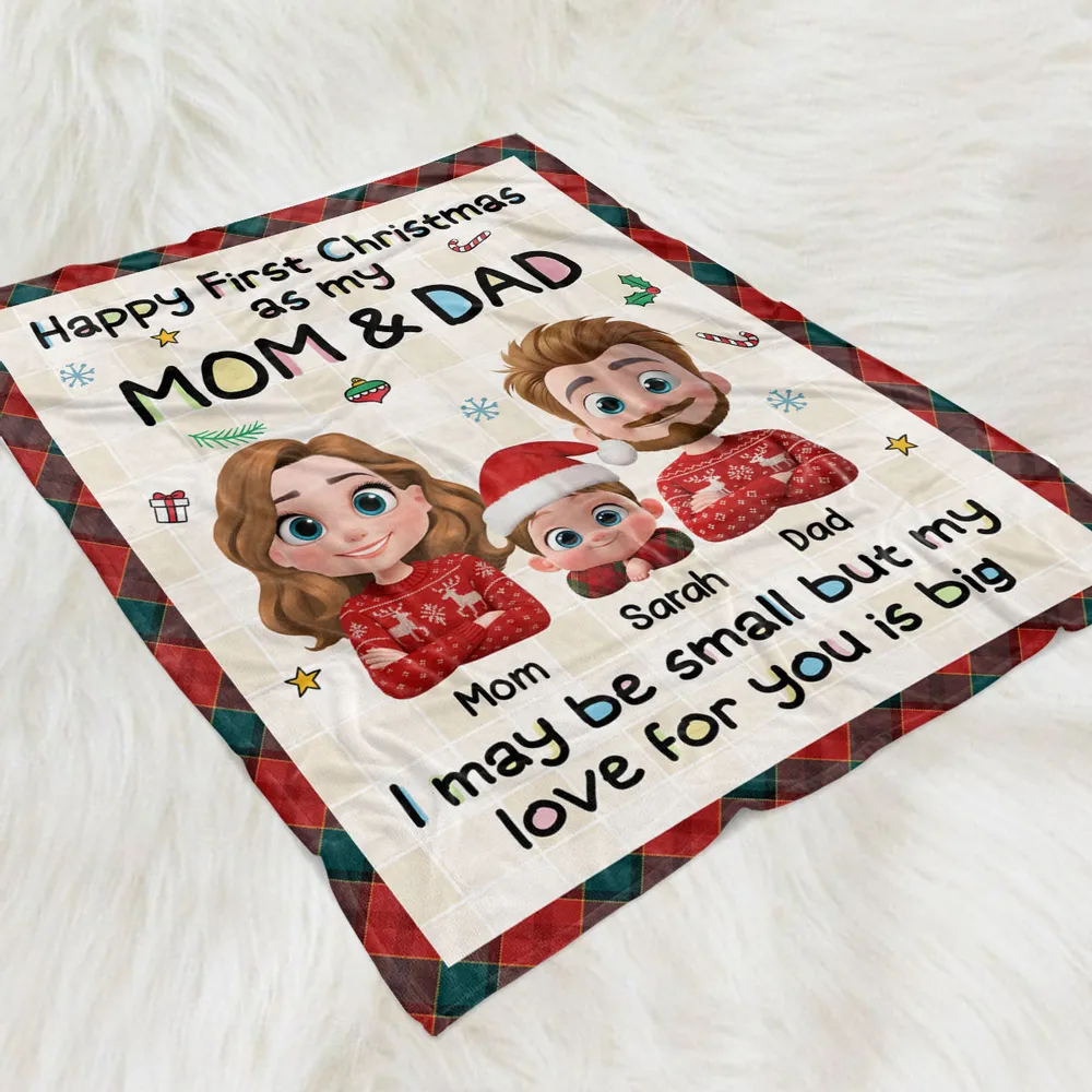 Personalized First Christmas Mom & Dad Fleece Blanket, Cute Cartoon Family, Cozy Keepsake, Unique New Baby Gift - Image 3