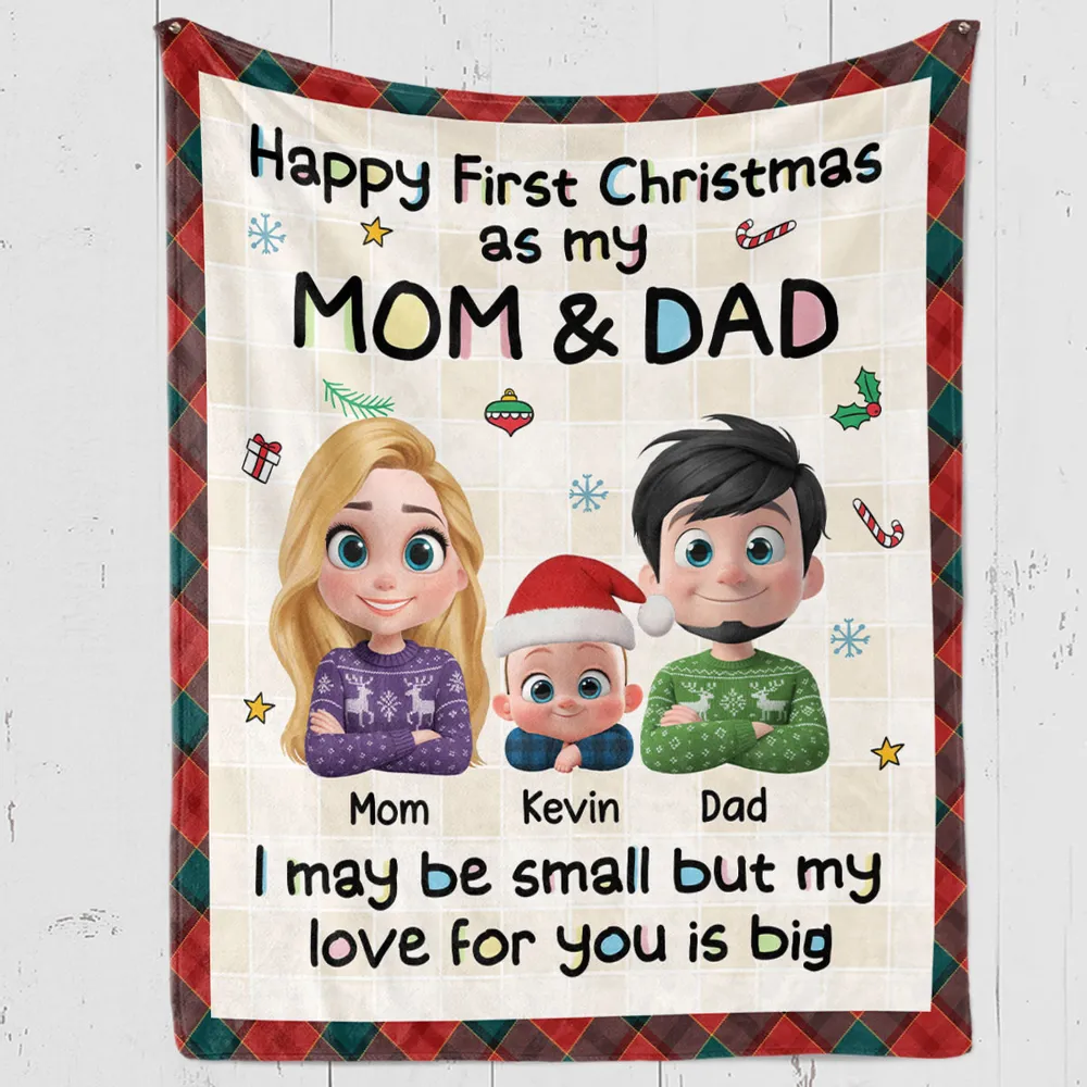 Personalized First Christmas Mom & Dad Fleece Blanket, Cute Cartoon Family, Cozy Keepsake, Unique New Baby Gift - Image 6