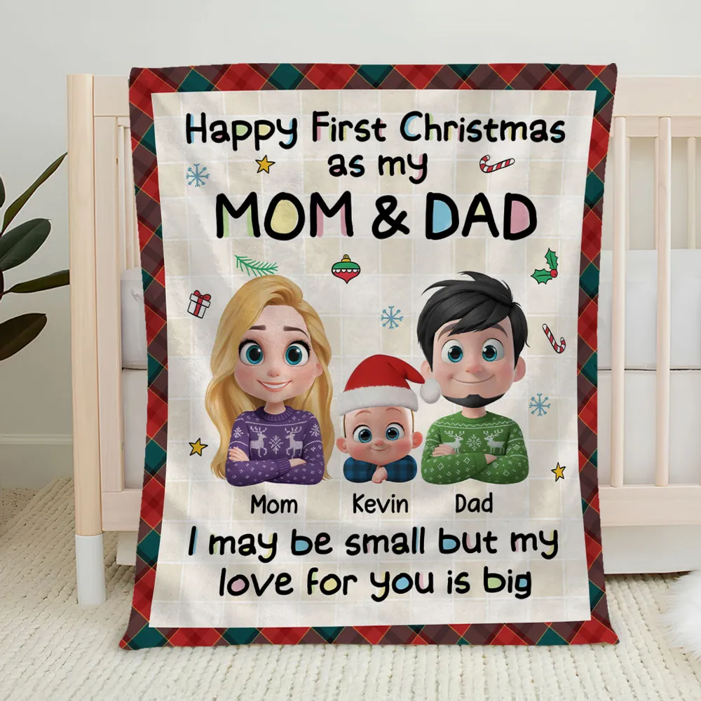 Personalized First Christmas Mom & Dad Fleece Blanket, Cute Cartoon Family, Cozy Keepsake, Unique New Baby Gift - Image 7