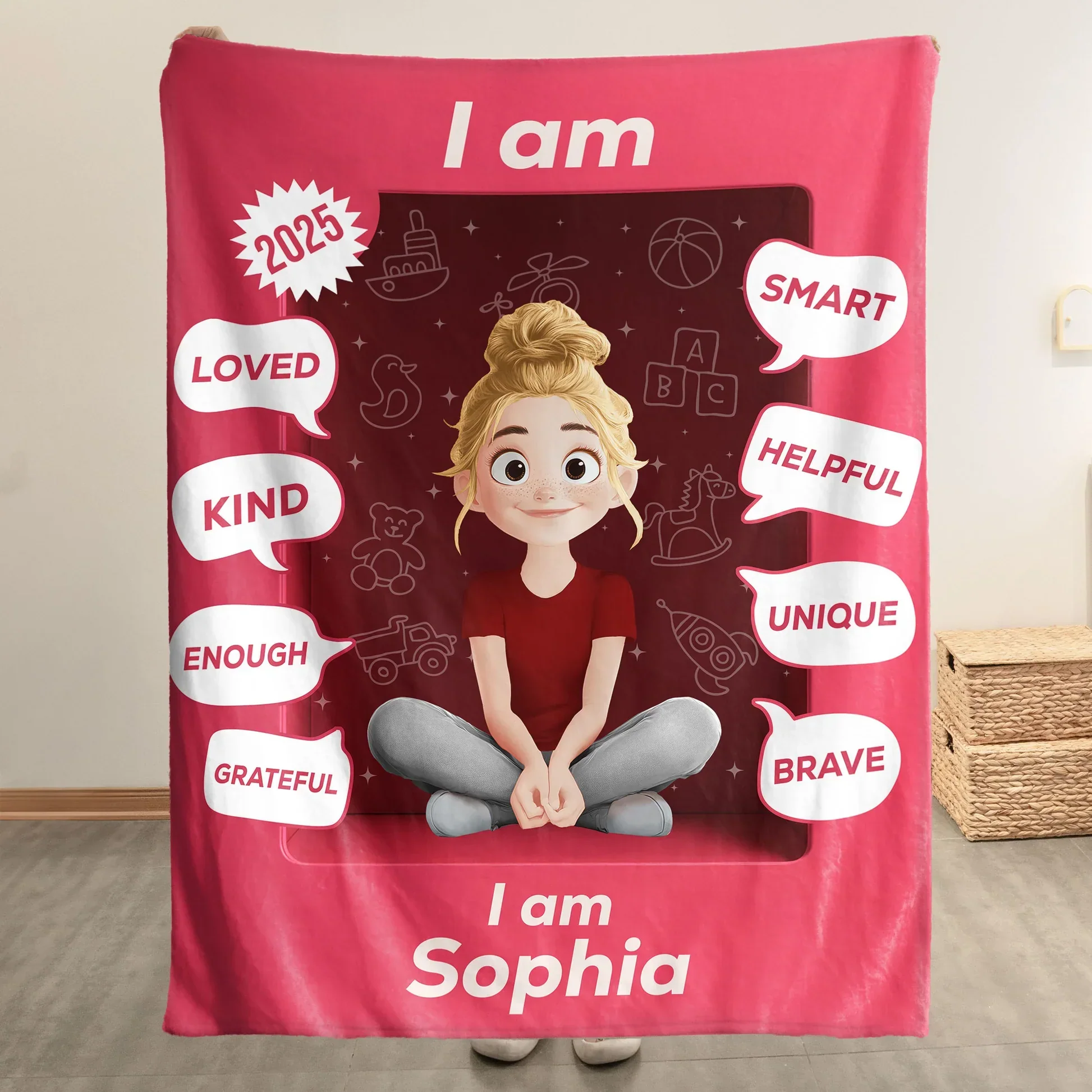 Personalized Kid Affirmation Blanket with Cute Cartoon Girl – I Am Loved, Kind, Brave – Uplifting Unique Gift for Daughters & Little Girls - Image 3