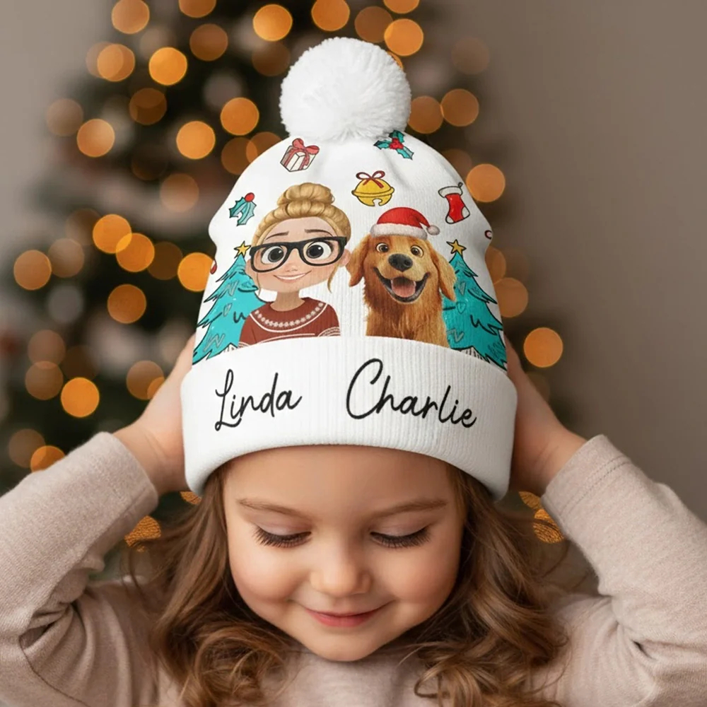 Personalized Bobble Beanie Hat with Girl & Dog Cartoon, Christmas Trees & Icons, Unique Holiday Gift for Pet Lovers