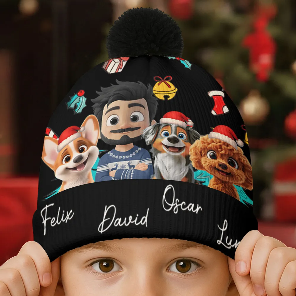 Personalized Bobble Beanie Hat with Girl & Dog Cartoon, Christmas Trees & Icons, Unique Holiday Gift for Pet Lovers - Image 3