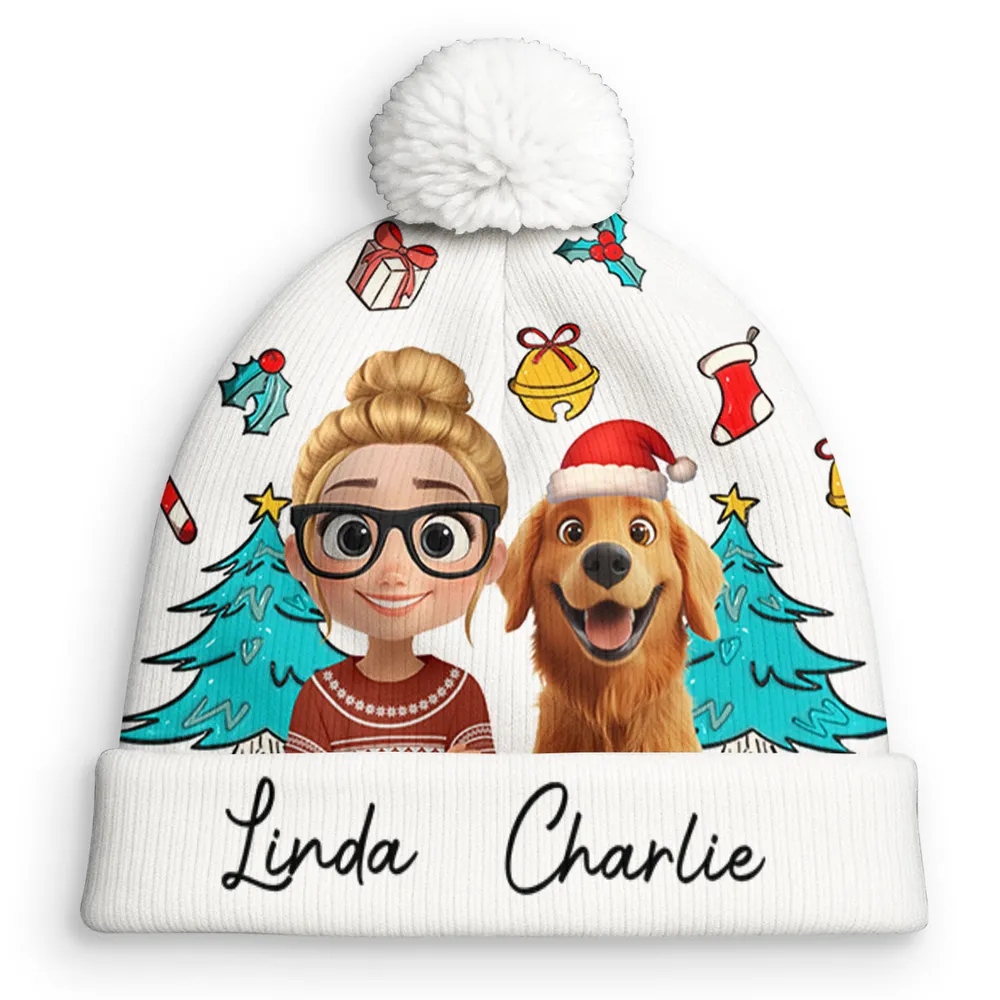 Personalized Bobble Beanie Hat with Girl & Dog Cartoon, Christmas Trees & Icons, Unique Holiday Gift for Pet Lovers - Image 6