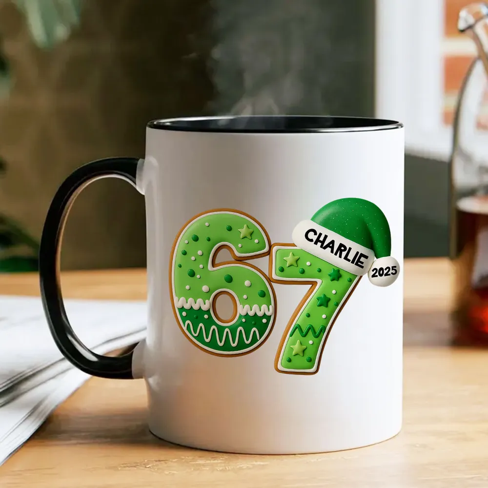 Personalized “67” Christmas Mug with Cute Cookie Design, Custom Name Holiday Gift for Kids, Teens & Grandkids - Image 3