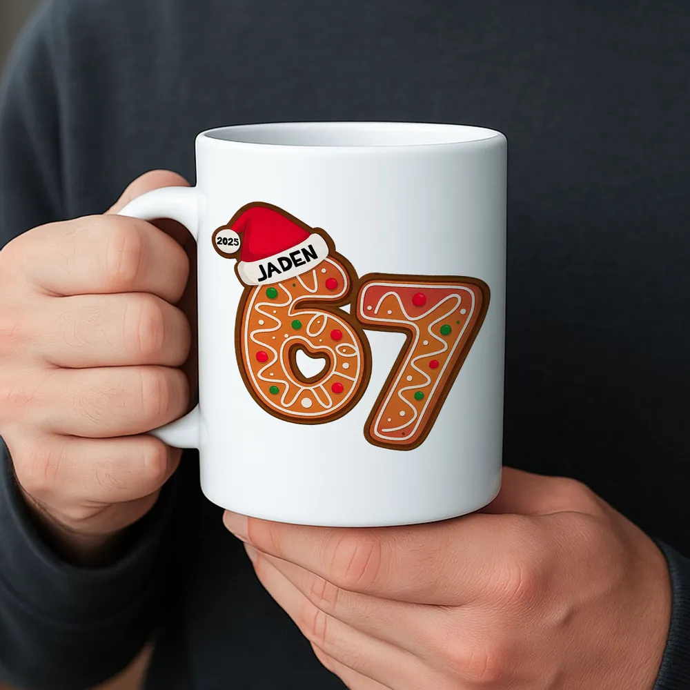 Personalized “67” Christmas Mug with Cute Cookie Design, Custom Name Holiday Gift for Kids, Teens & Grandkids - Image 5