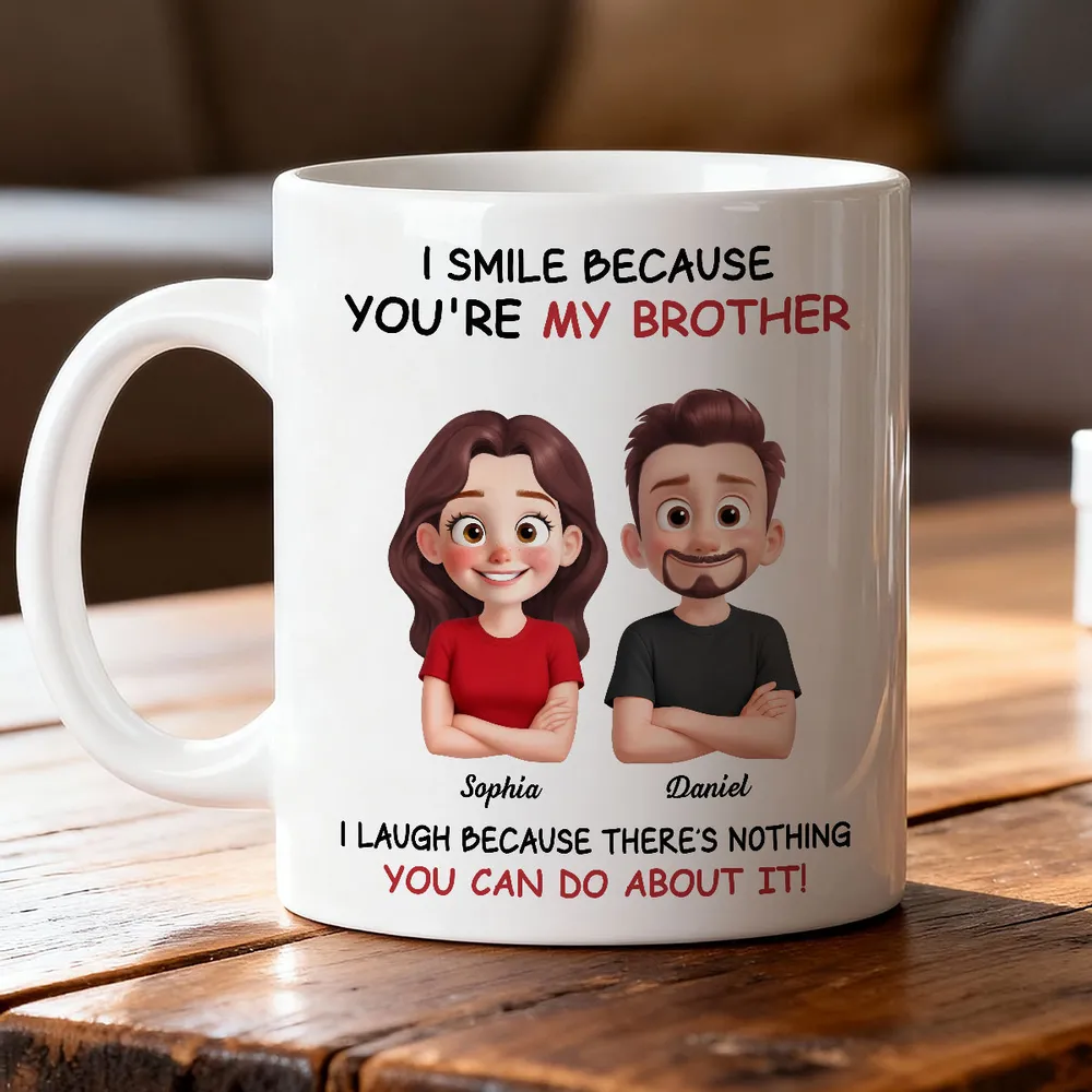 Funny Sibling White Ceramic Mug – Personalized Brother & Sister Cartoon, Playful Quote, Creative Gift for Coworker or Family