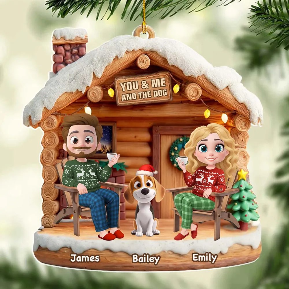 Custom You & Me and the Dog Acrylic Ornament for Couples, Cute Holiday Cabin Design, Heartwarming Christmas Tree Gift - Image 5