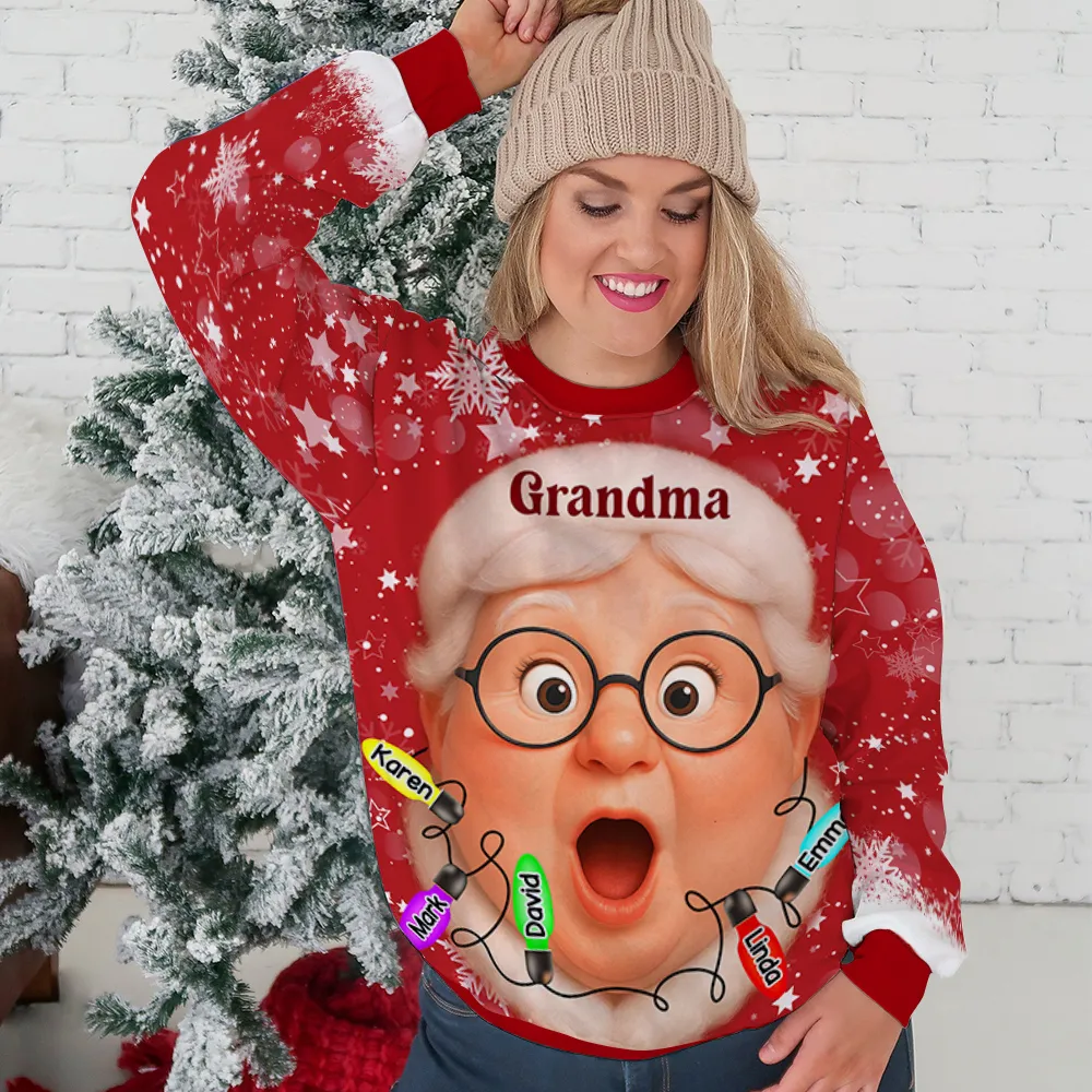 Custom Grandma Printed Sweatshirt with Cartoon Face & Holiday Lights, Festive Family Christmas Gift Idea - Image 4