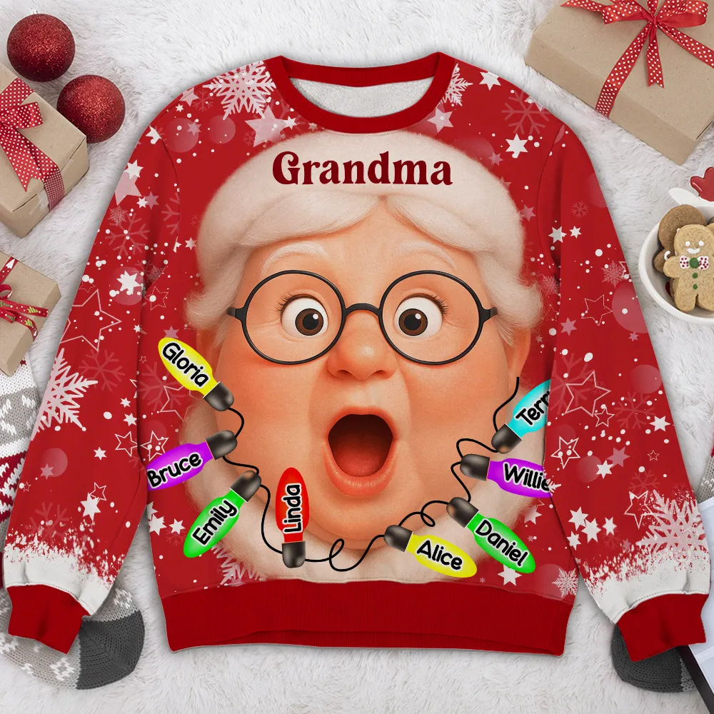 Custom Grandma Printed Sweatshirt with Cartoon Face & Holiday Lights, Festive Family Christmas Gift Idea - Image 5