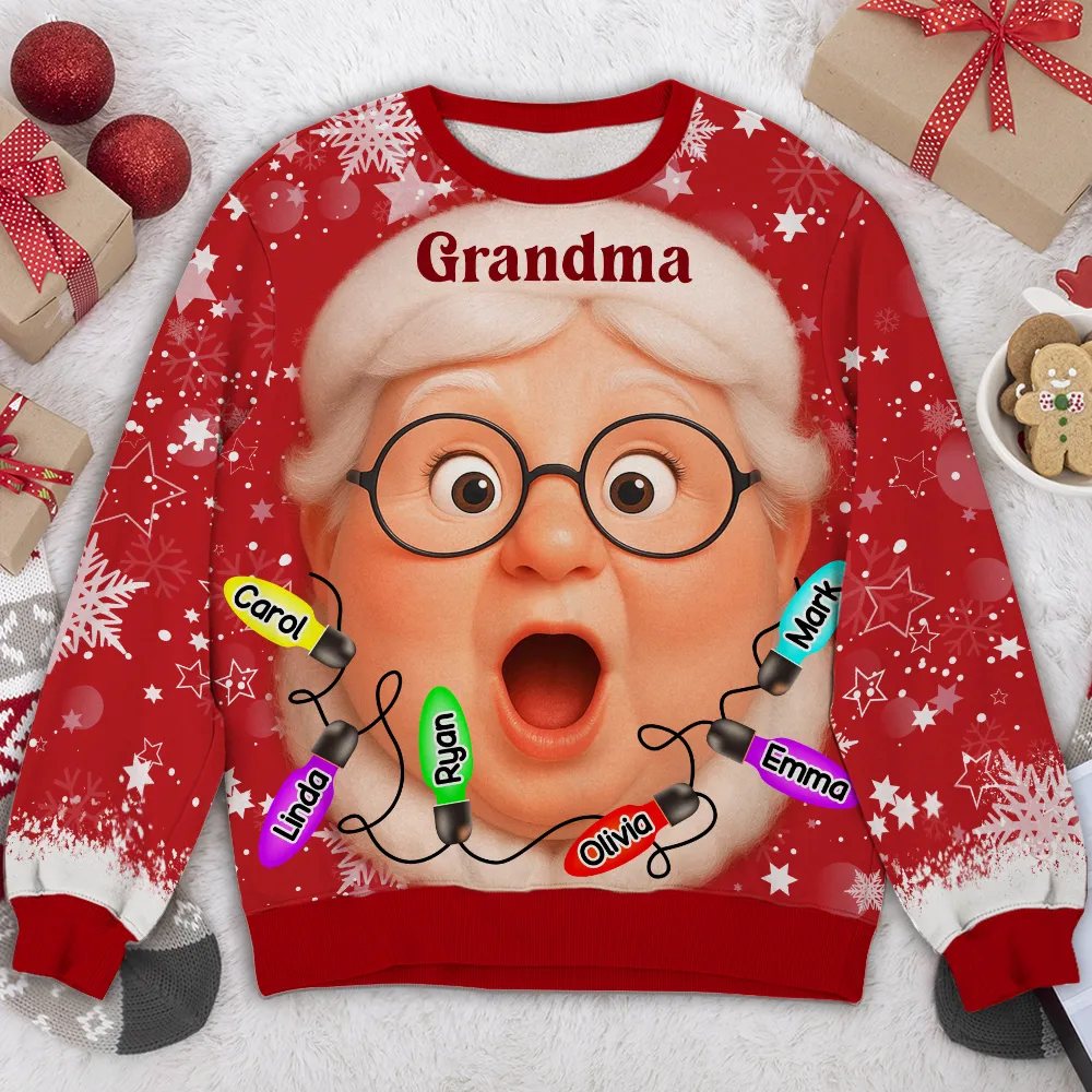 Custom Grandma Printed Sweatshirt with Cartoon Face & Holiday Lights, Festive Family Christmas Gift Idea - Image 6