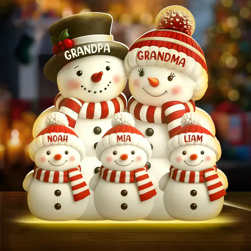 Personalized Acrylic Light Box Snowman Family for Grandma & Grandpa, Warm Glow Christmas Décor, Unique Keepsake Gift for Grandkids