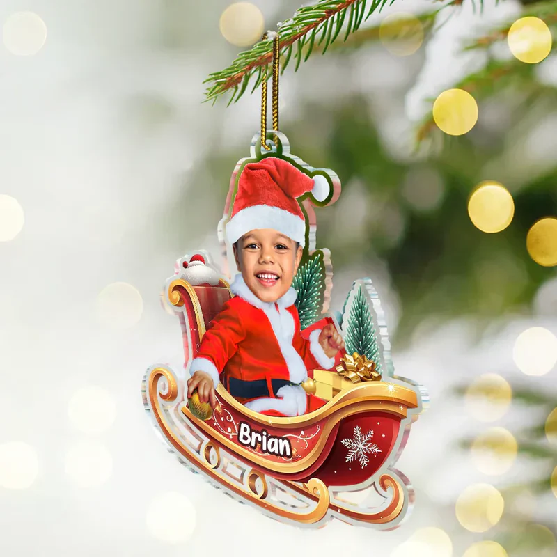 Personalized Baby Santa Acrylic Ornament in Sleigh – Custom Photo Christmas Ornament, Festive Tree Decor & Unique Holiday Gift - Image 2