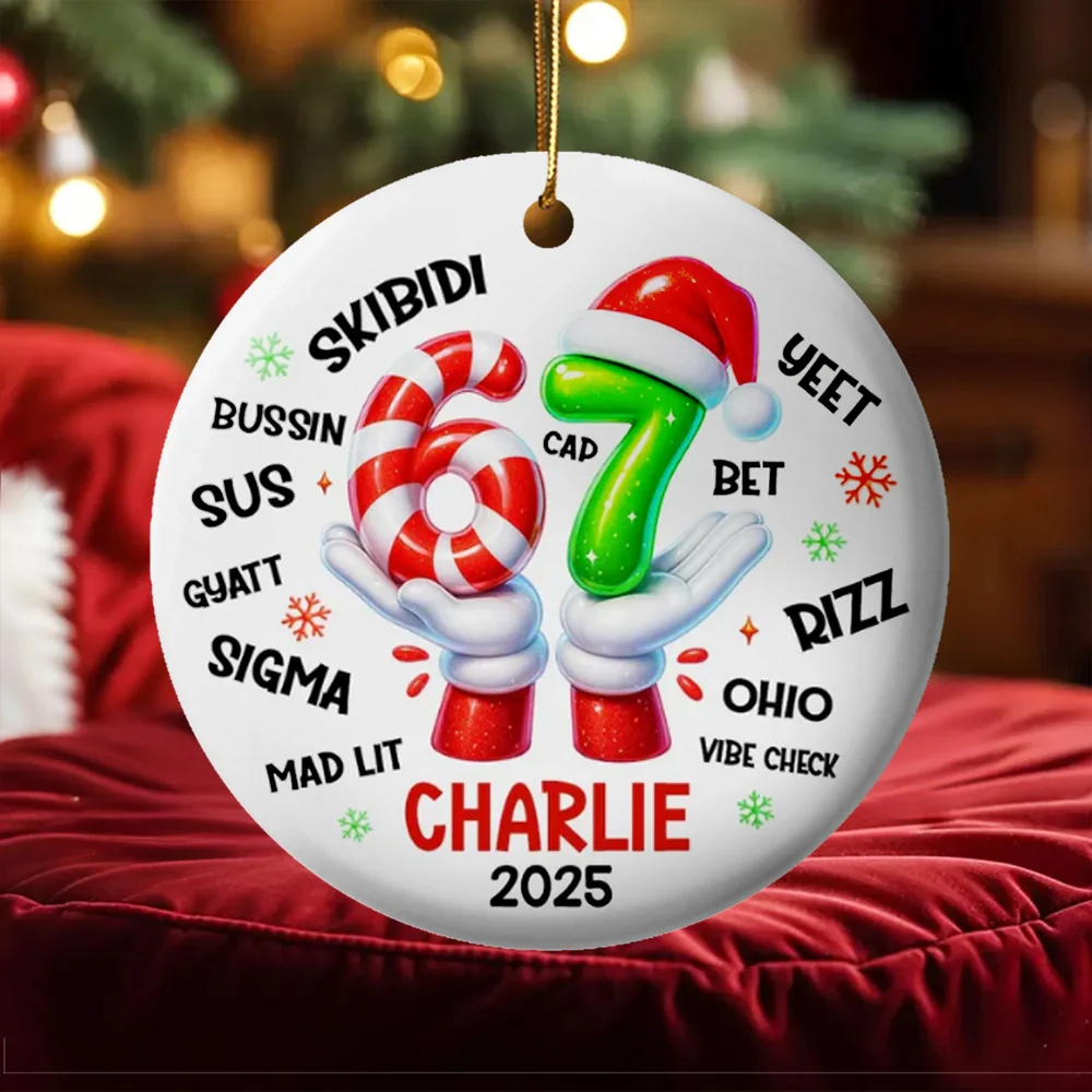 Personalized Ceramic Ornament with Six Seven Slang Design, Funny Gen Alpha Christmas Ornament, Unique Teen Gift for Tree Decorating & Holiday Laughs
