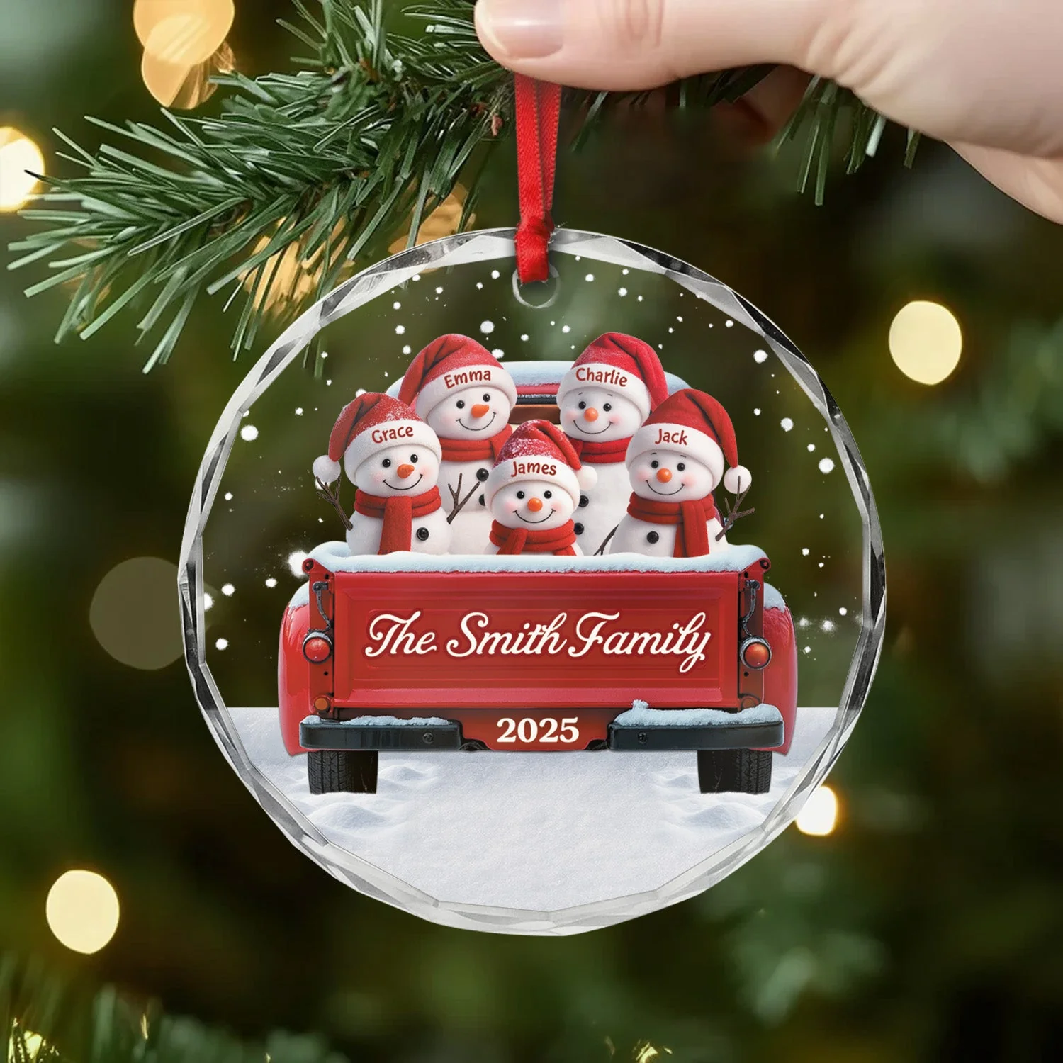 Personalized Crystal Ornament with Snowman Family in Red Truck, Festive Christmas Decor and Unique Family Gift - Image 2