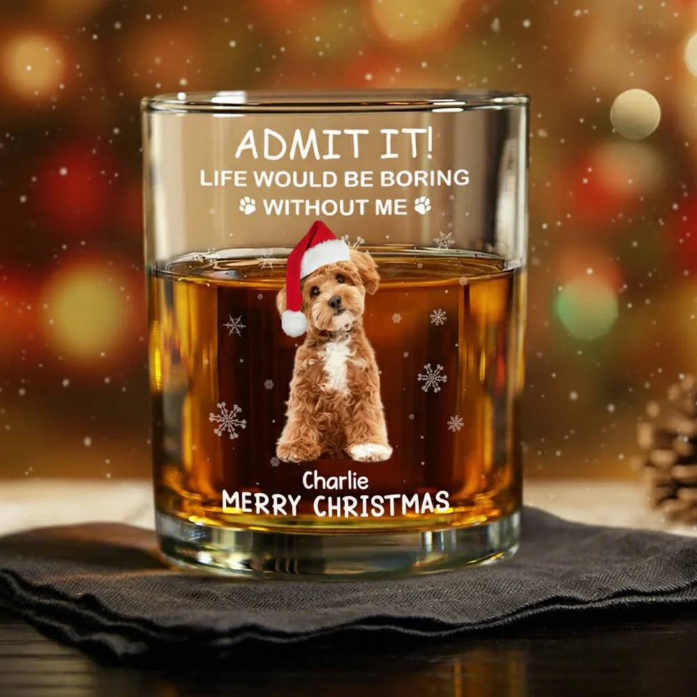 Custom Christmas Whiskey Glass with Cute Dog Illustration, Personalized Pet Lover Gift for Dad or Him, Fun Barware for Special Occasions