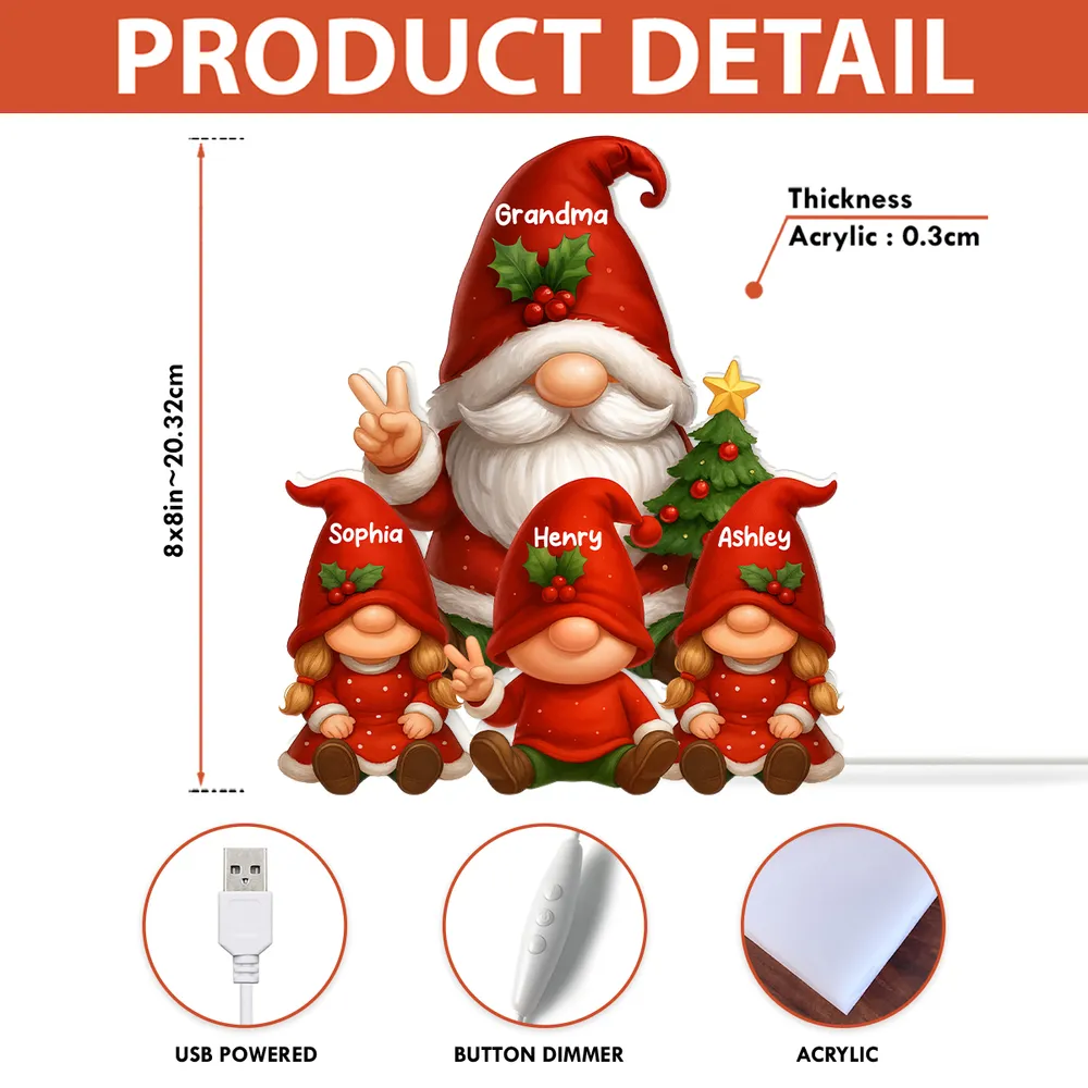Personalized Acrylic Light Box for Grandma with Grandkids Gnomes, Cozy Christmas Decor & Unique Holiday Gift - Image 4