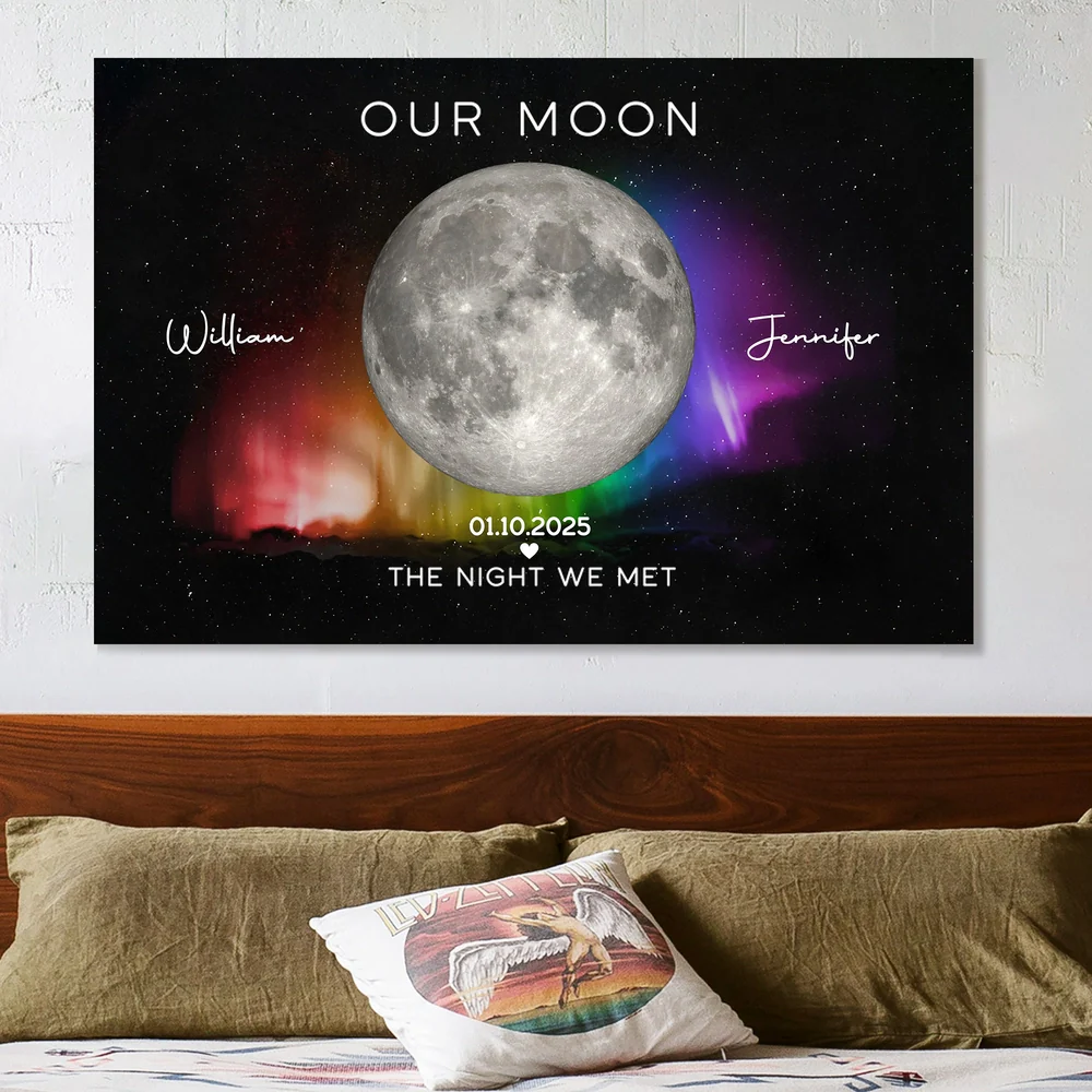 Personalized Moon Phase Poster for Couples, Rainbow Night Sky Wall Art, Unique Anniversary Gift & Pride Keepsake