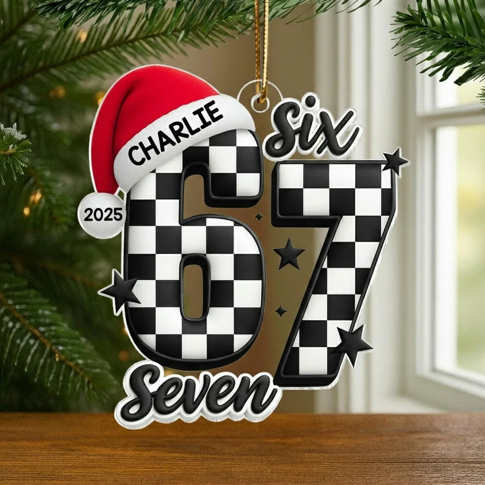 Personalized Acrylic Ornament with Checkered 67 and Santa Hat – Custom Kids Christmas Decor and Unique Holiday Gift