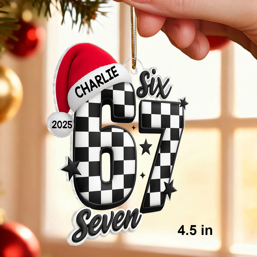 Personalized Acrylic Ornament with Checkered 67 and Santa Hat – Custom Kids Christmas Decor and Unique Holiday Gift - Image 2