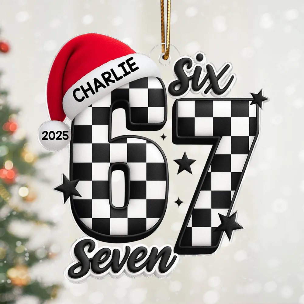 Personalized Acrylic Ornament with Checkered 67 and Santa Hat – Custom Kids Christmas Decor and Unique Holiday Gift - Image 7