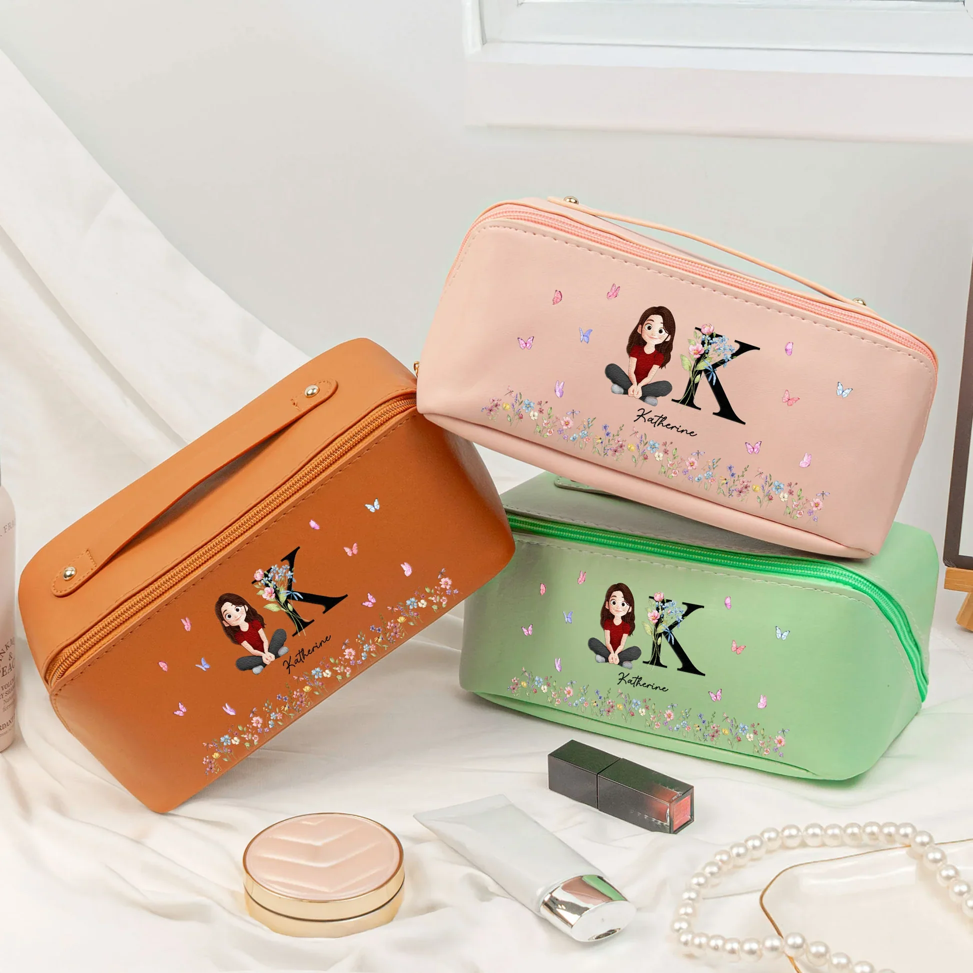 Personalized Leather Makeup Bag with Initial & Cartoon Girl, Spacious Travel Makeup Organizer, Cute Unique Gift for Her - Image 6
