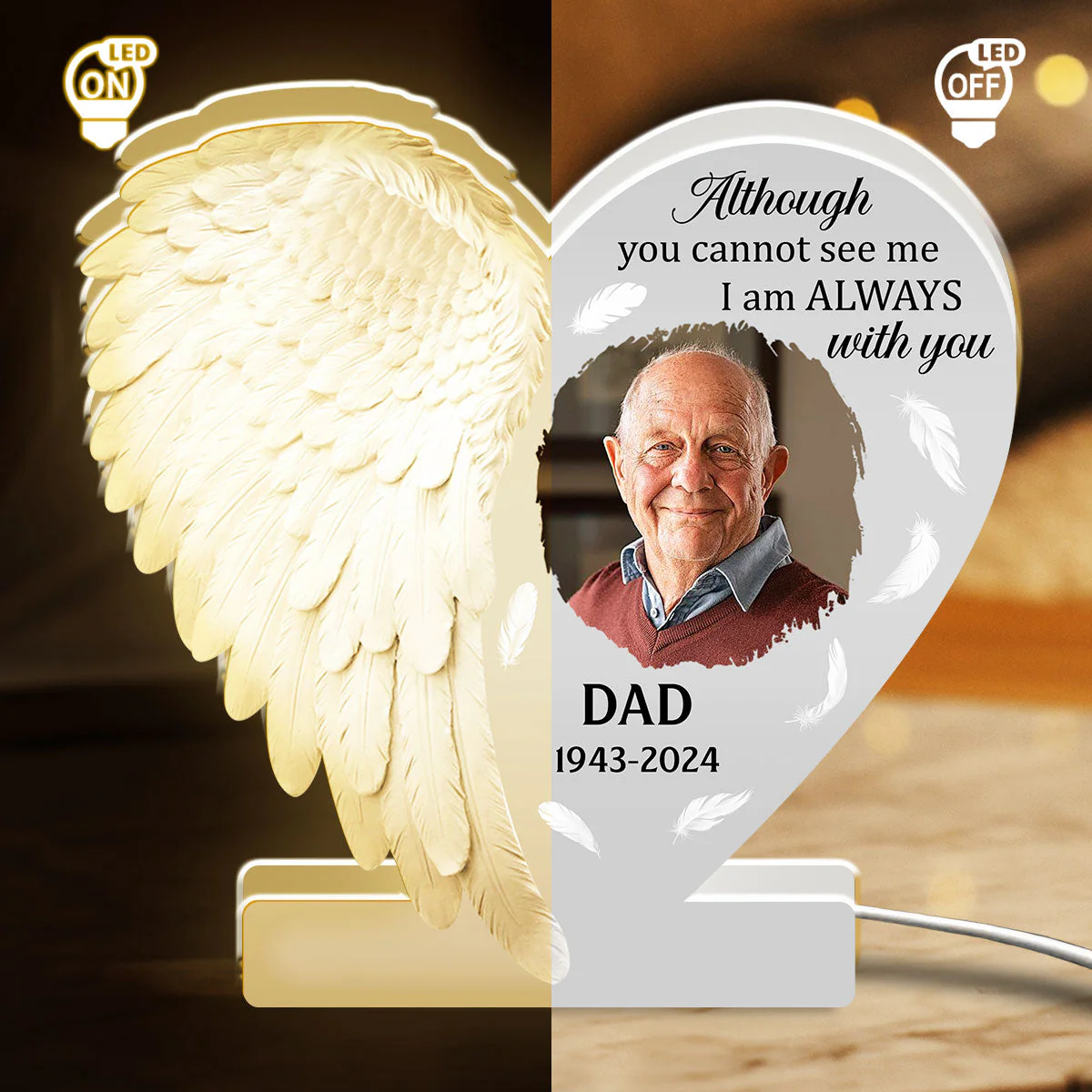 Personalized Acrylic Light Box Memorial for Dad with Angel Wings, Soft Warm Glow Keepsake, Unique Sympathy Gift - Image 3