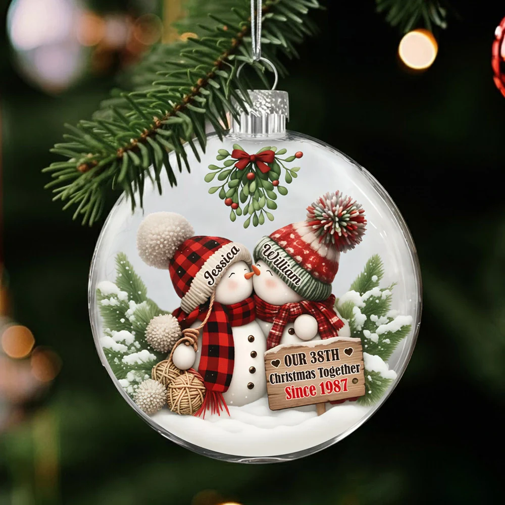 Personalized Acrylic Flat Ball Ornament for Couples – Cozy Snowman Design for Christmas Tree – Unique Romantic Gift to Celebrate Your Love - Image 2
