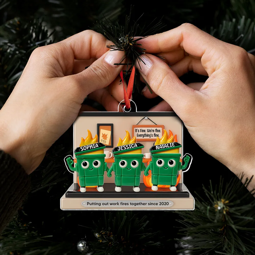 Funny Office Acrylic Ornament With Flaming Trash Cans, Unique Coworker Gift For Desk Or Tree - Image 3
