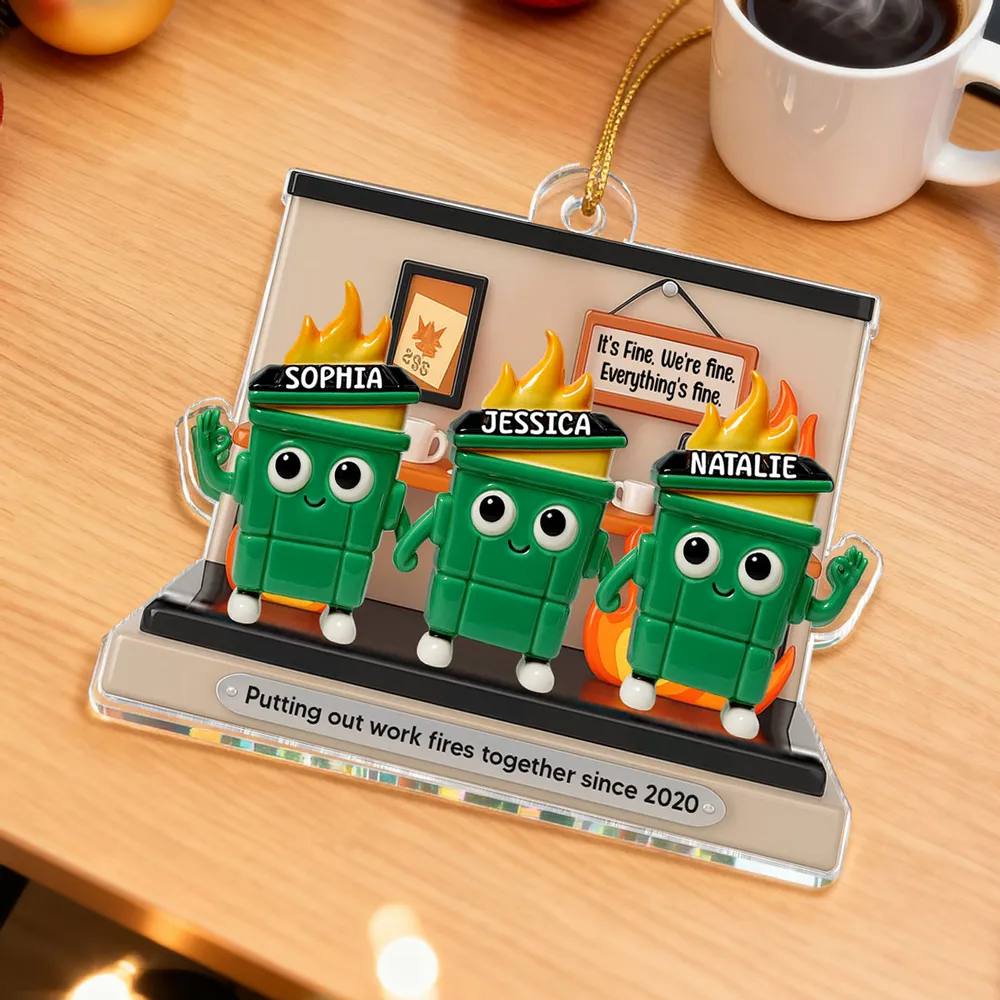 Funny Office Acrylic Ornament With Flaming Trash Cans, Unique Coworker Gift For Desk Or Tree - Image 5
