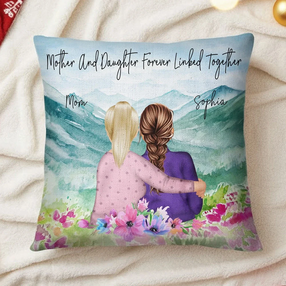 Mother And Daughter Pillow With Watercolor Mountain View, Hugging Scene Cushion, Unique Gift For Mom And Cozy Sofa Decor