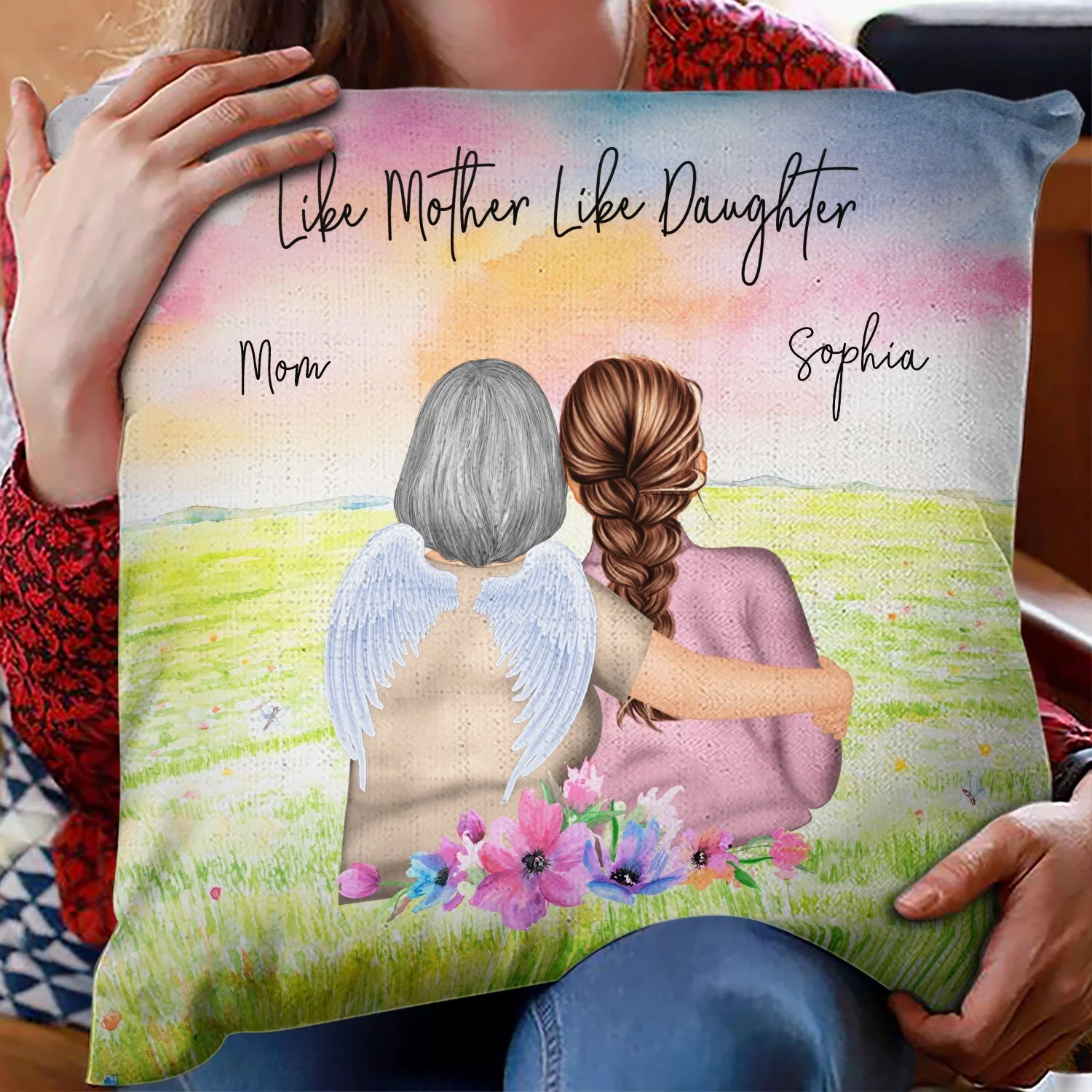Mother And Daughter Pillow With Watercolor Mountain View, Hugging Scene Cushion, Unique Gift For Mom And Cozy Sofa Decor - Image 2