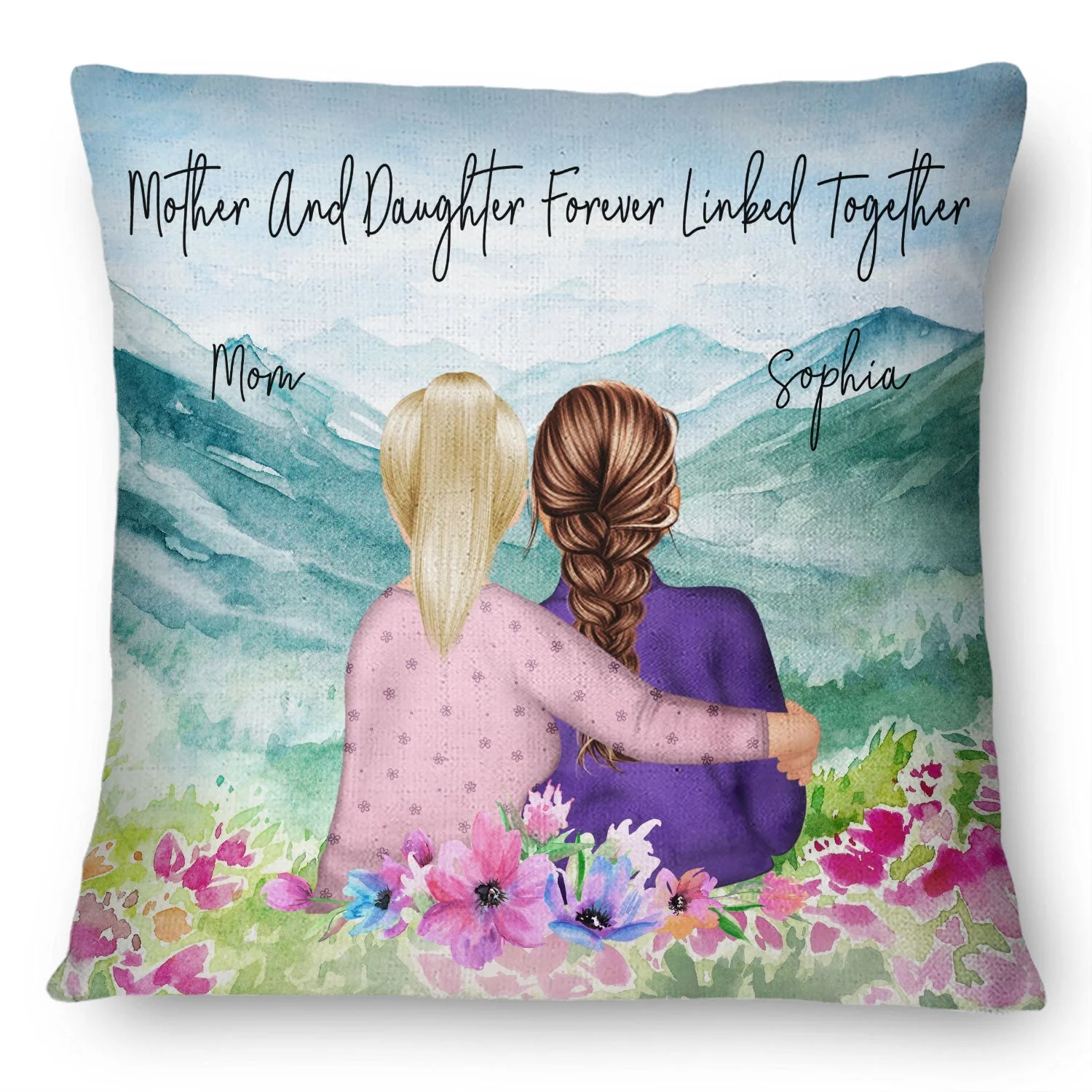 Mother And Daughter Pillow With Watercolor Mountain View, Hugging Scene Cushion, Unique Gift For Mom And Cozy Sofa Decor - Image 5
