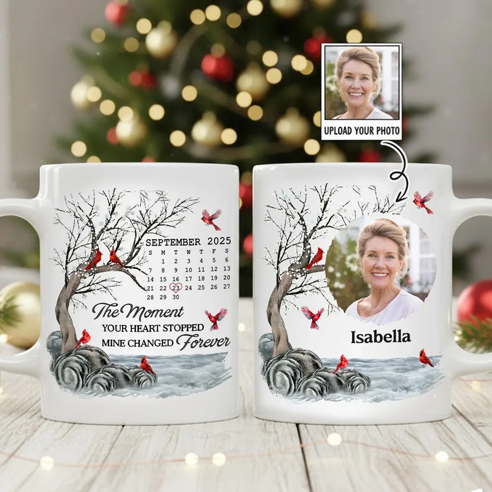 Custom Memorial White Ceramic Mug with Photo & Cardinals – Personalized Remembrance Keepsake, Comforting Unique Gift