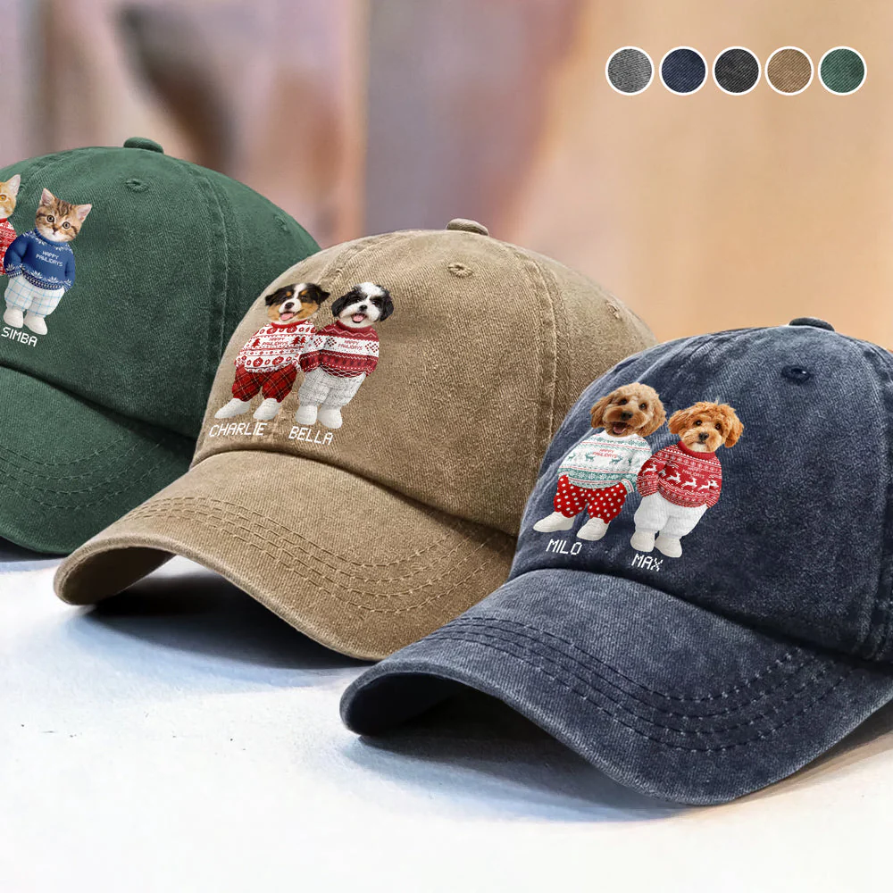 Personalized Washed Denim Baseball Cap with Cute Holiday Dogs in Sweaters – Casual Winter Style & Unique Gift for Pet Lovers - Image 3