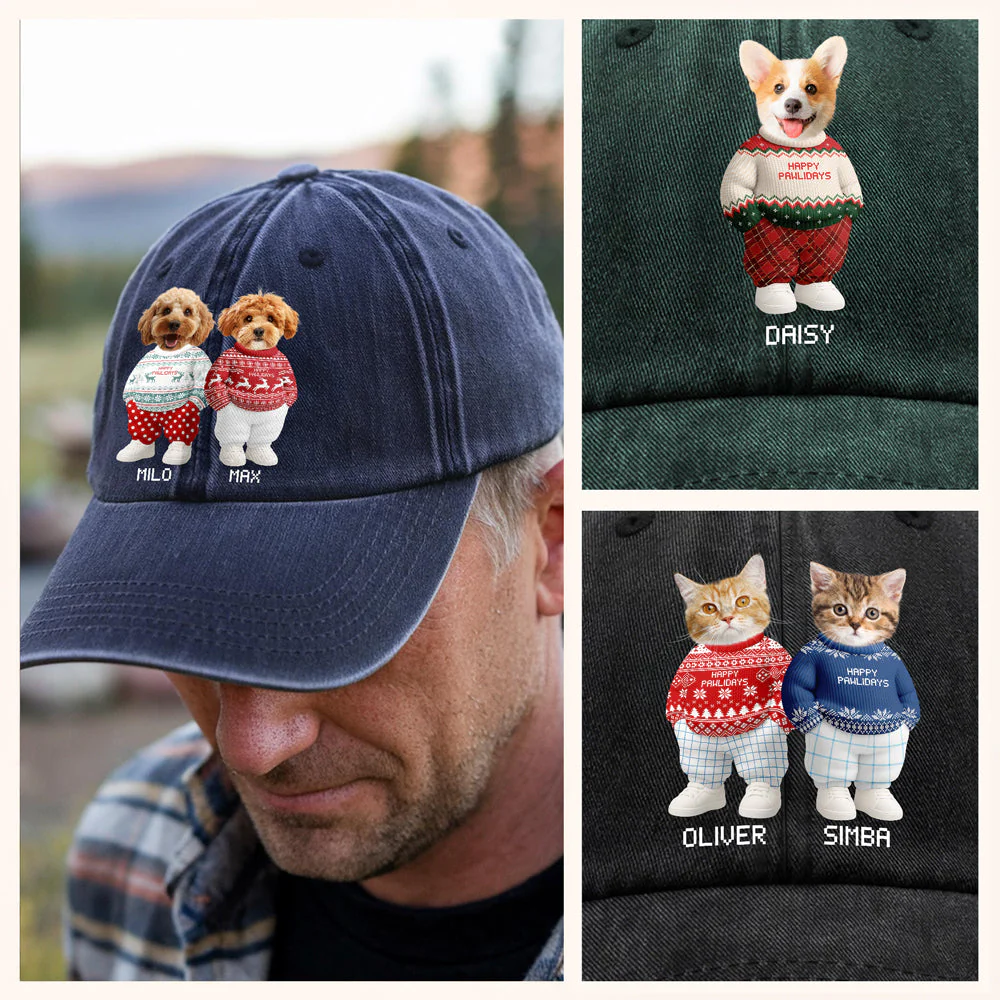 Personalized Washed Denim Baseball Cap with Cute Holiday Dogs in Sweaters – Casual Winter Style & Unique Gift for Pet Lovers - Image 4