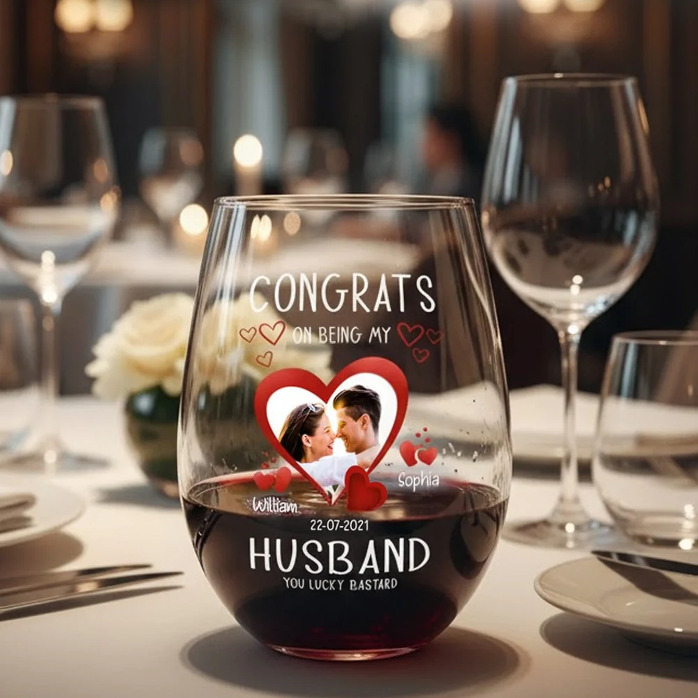 Personalized Couple Wine Glass with Photo & Hearts Congrats on Being My Husband Unique Romantic Gift