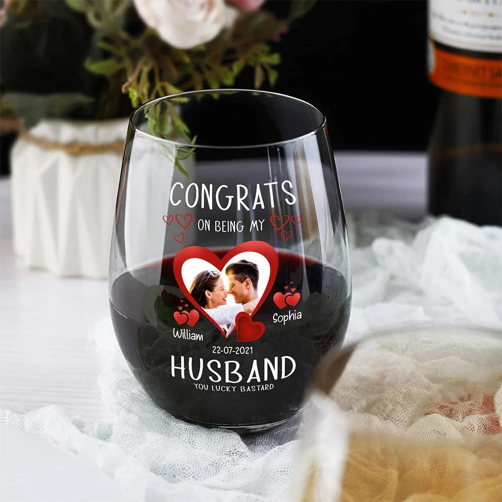 Personalized Couple Wine Glass with Photo & Hearts Congrats on Being My Husband Unique Romantic Gift - Image 2