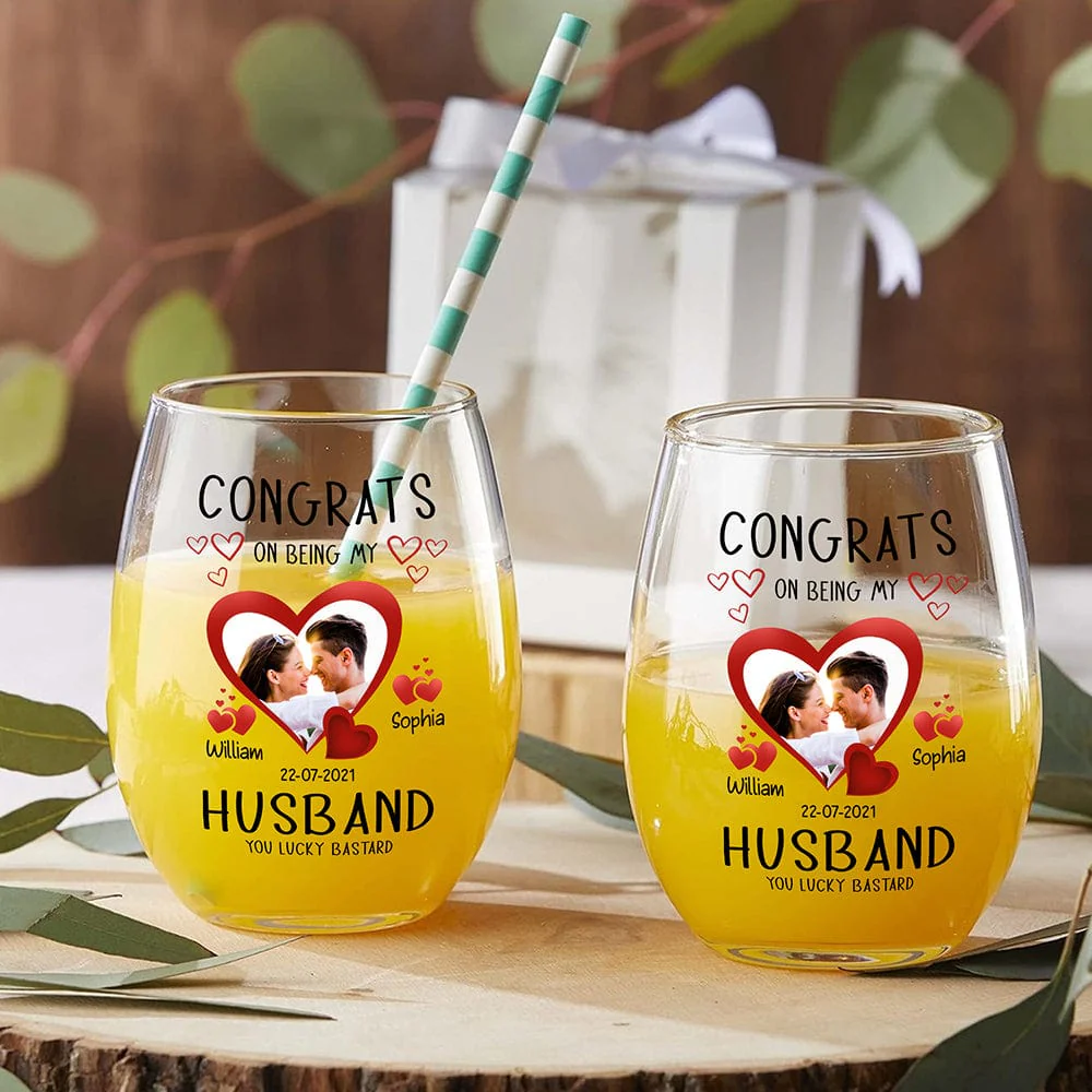 Personalized Couple Wine Glass with Photo & Hearts Congrats on Being My Husband Unique Romantic Gift - Image 3