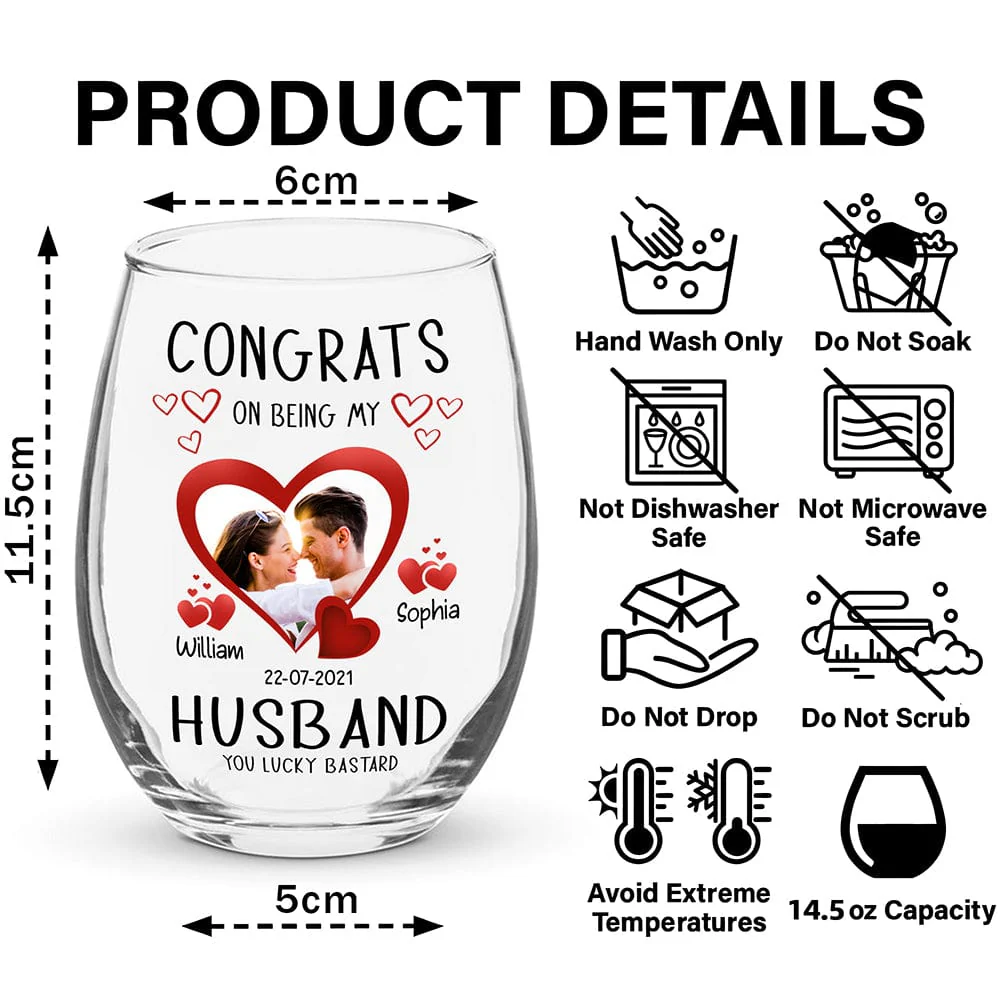 Personalized Couple Wine Glass with Photo & Hearts Congrats on Being My Husband Unique Romantic Gift - Image 4