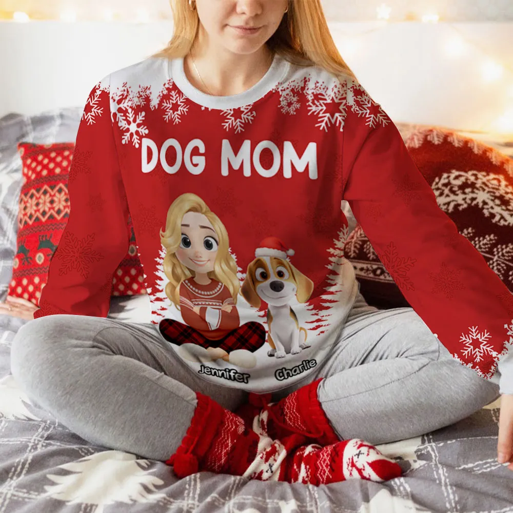 Personalized Dog Mom Printed Sweatshirt with Cartoon Portrait & Puppy, Festive Snowflake Design, Unique Christmas Gift for Pet Lovers - Image 4