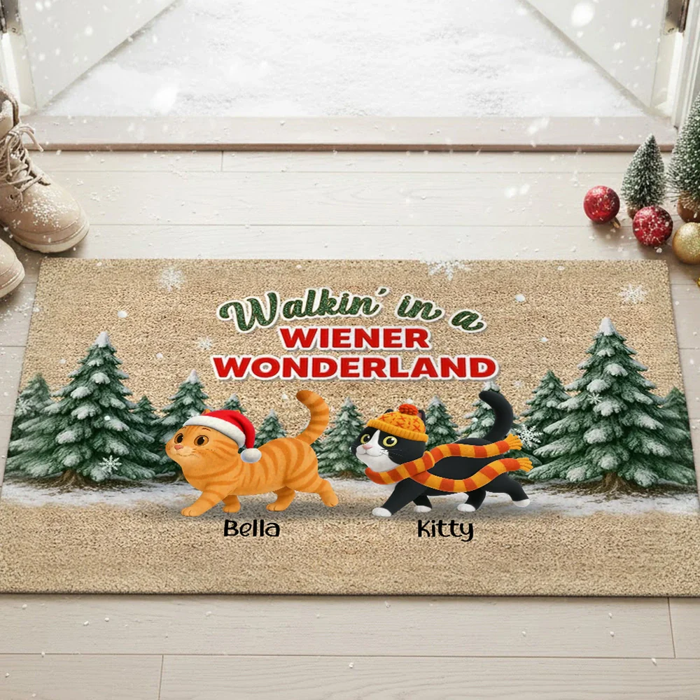 Personalized Standard Doormat with Cute Cats, Winter Wonderland Scene, Unique Holiday Gift for Pet Lovers