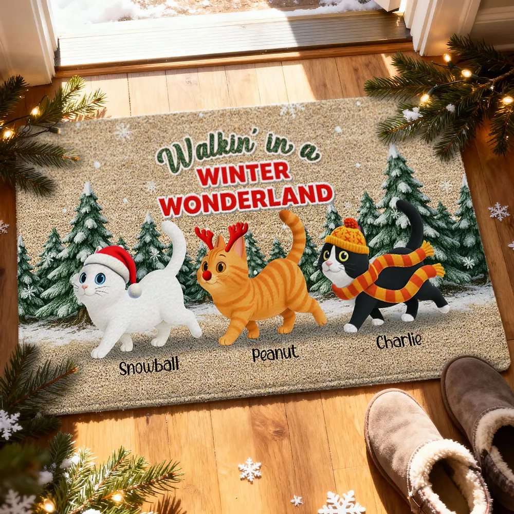 Personalized Standard Doormat with Cute Cats, Winter Wonderland Scene, Unique Holiday Gift for Pet Lovers - Image 2