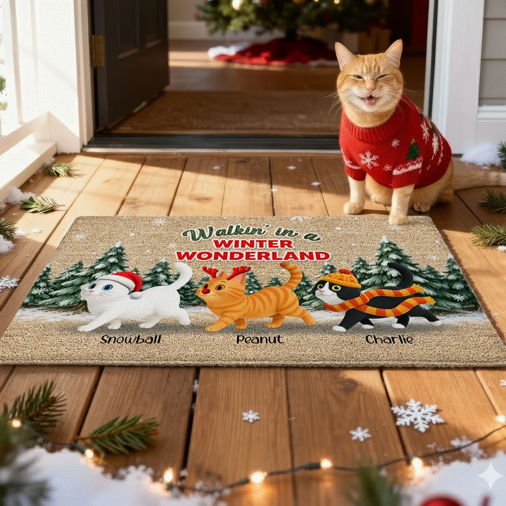 Personalized Standard Doormat with Cute Cats, Winter Wonderland Scene, Unique Holiday Gift for Pet Lovers - Image 5