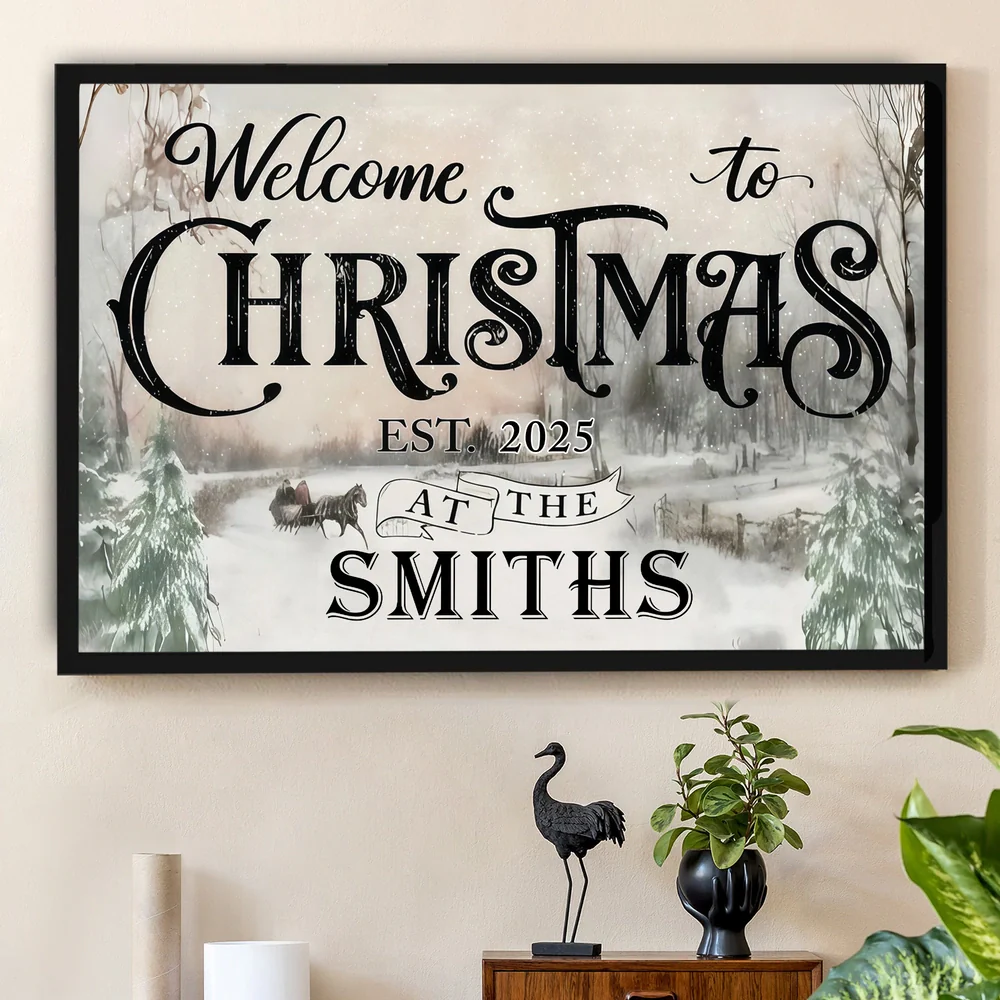 Custom Christmas Welcome Poster, Snowy Horse-Drawn Landscape Wall Decor, Heartwarming Holiday Keepsake, Creative Family Gift for Any Home