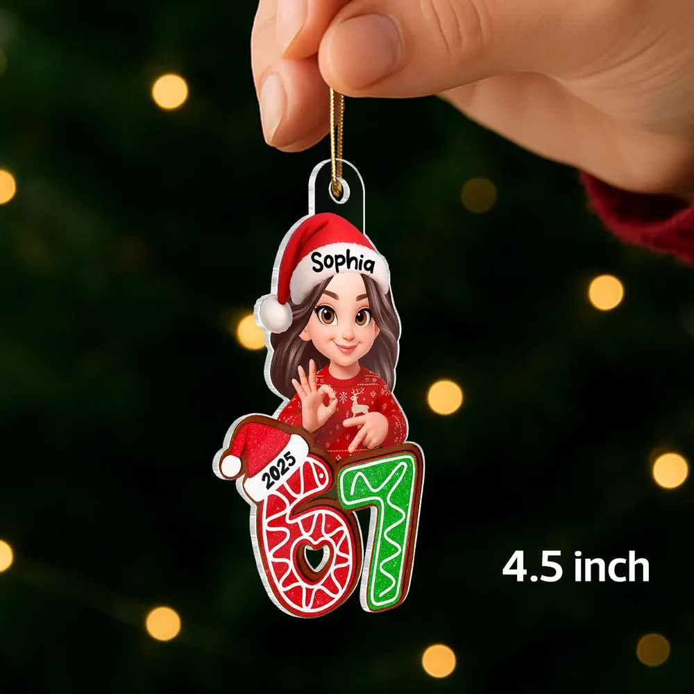 Personalized Acrylic Ornament with Cute Teen Six Seven Gesture – Gingerbread Number Christmas Decor & Unique Grandkid Gift - Image 2