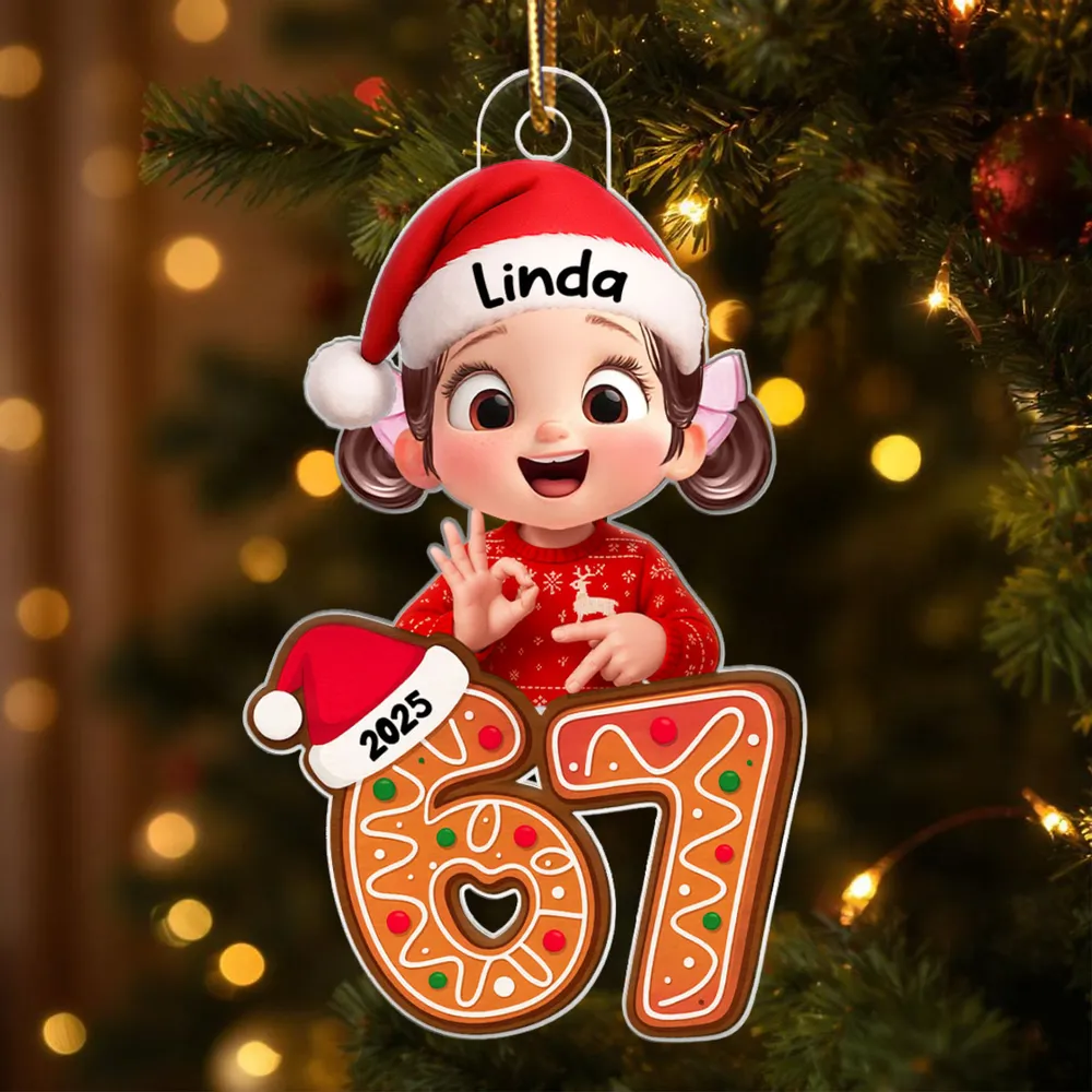 Personalized Acrylic Ornament with Cute Teen Six Seven Gesture – Gingerbread Number Christmas Decor & Unique Grandkid Gift - Image 7