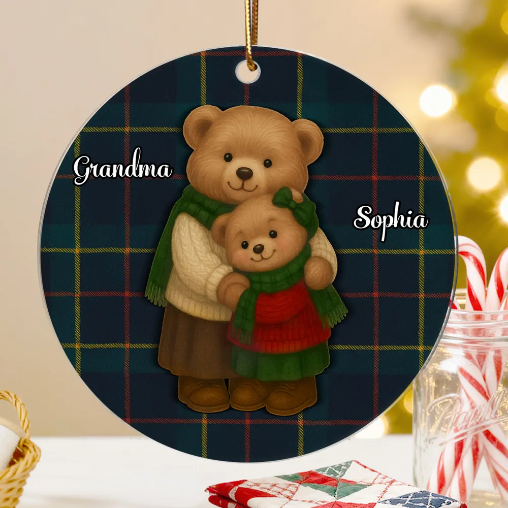 Personalized Acrylic Ornament for Grandma & Grandkids – Cozy Teddy Bear Hug, Plaid Christmas Decor, Unique Heartwarming Gift - Image 3