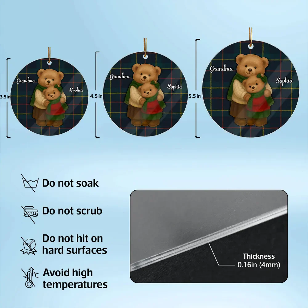 Personalized Acrylic Ornament for Grandma & Grandkids – Cozy Teddy Bear Hug, Plaid Christmas Decor, Unique Heartwarming Gift - Image 4