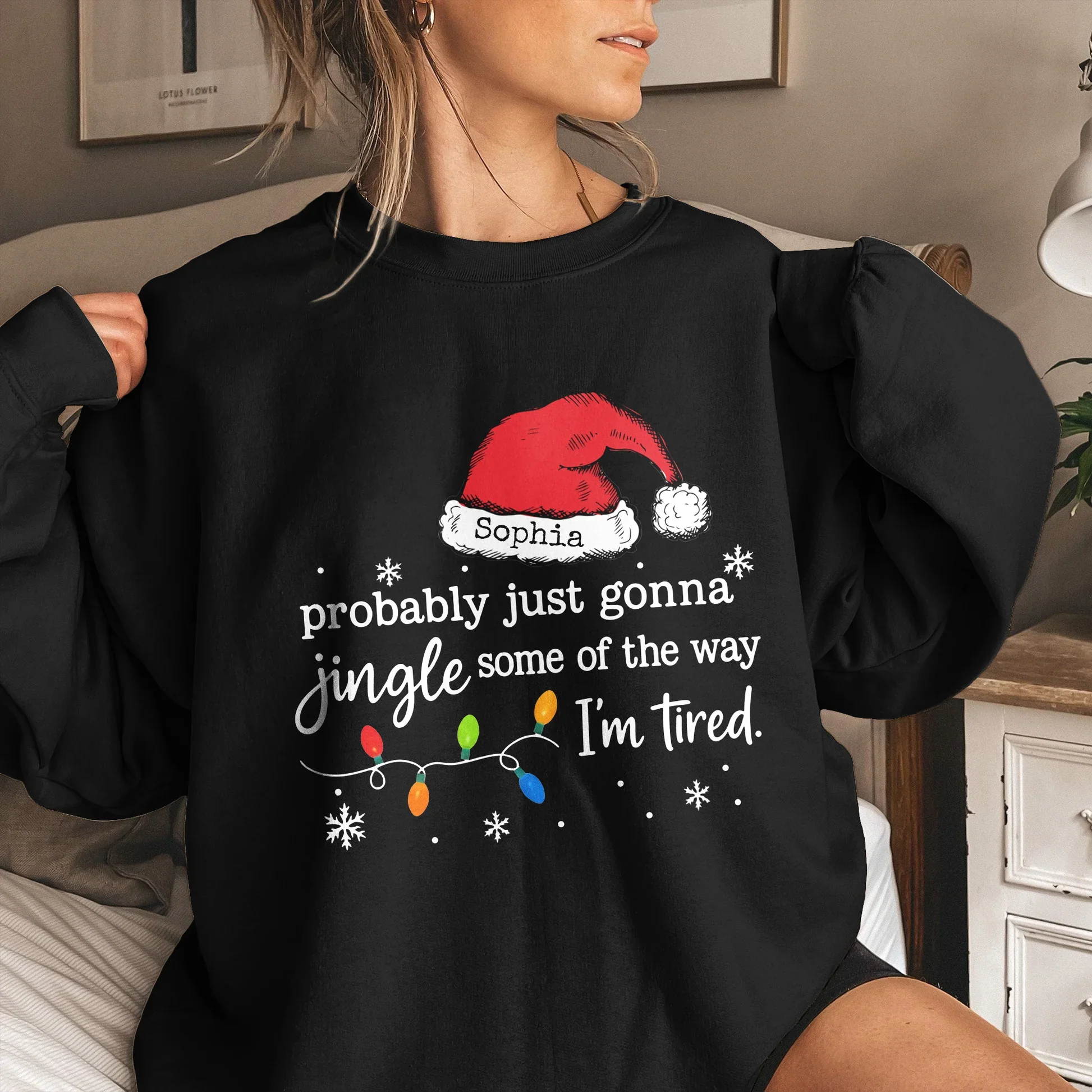 Custom Name Classic Tee with Santa Hat and Lights, Hilarious Christmas Shirt for Parties, A Unique Relaxed Holiday Gift - Image 2