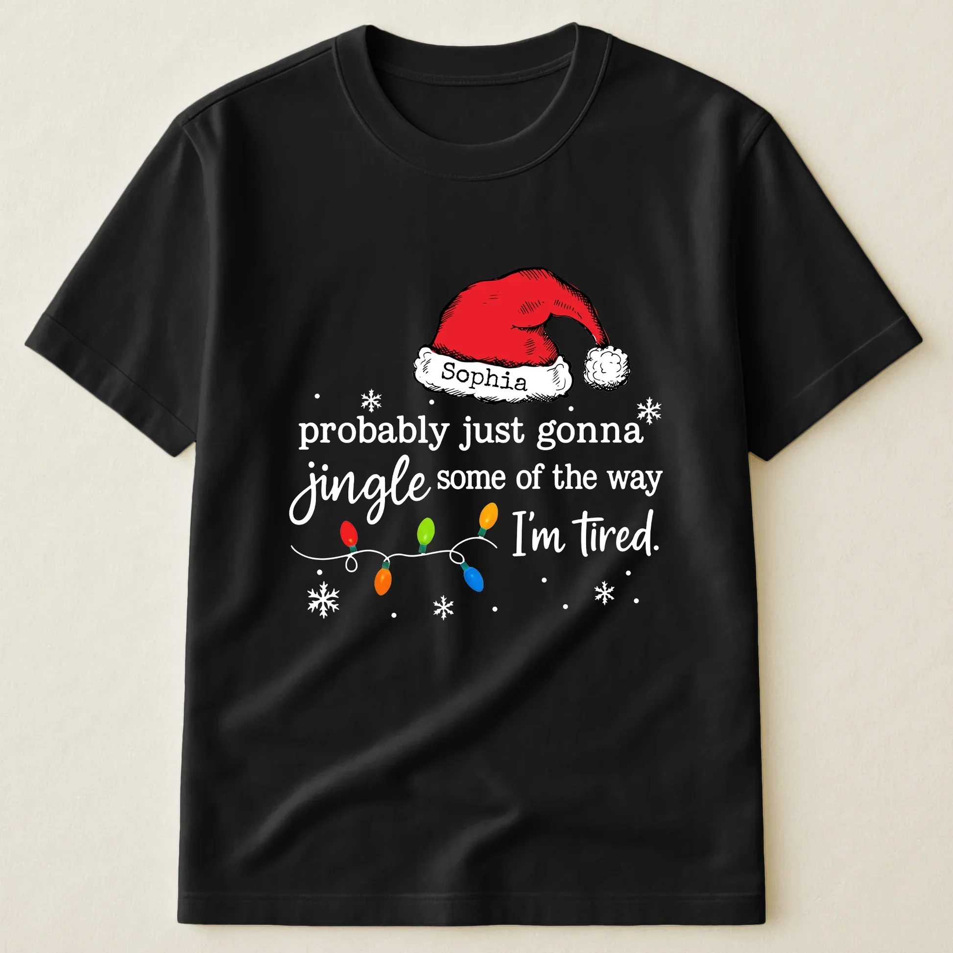 Custom Name Classic Tee with Santa Hat and Lights, Hilarious Christmas Shirt for Parties, A Unique Relaxed Holiday Gift - Image 4